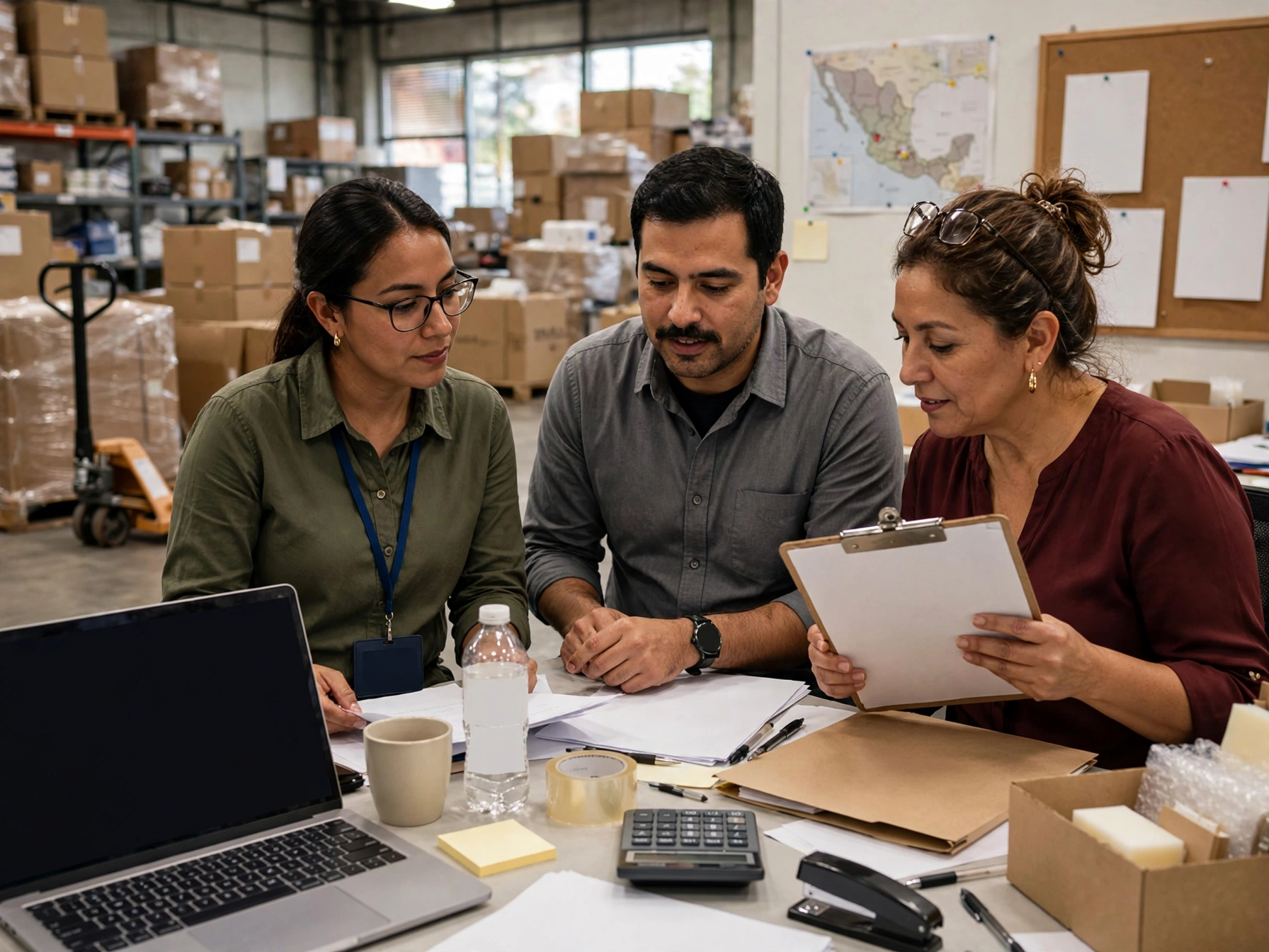 Tres colaboradores mexicanos de administración y compras revisando documentos y una tablilla con sujetapapeles en una mesa de trabajo dentro de un almacén de DHL, con laptop, calculadora, cajas de cartón estibadas, patín hidráulico y mapa de México en el muro que sostiene la operación logística
