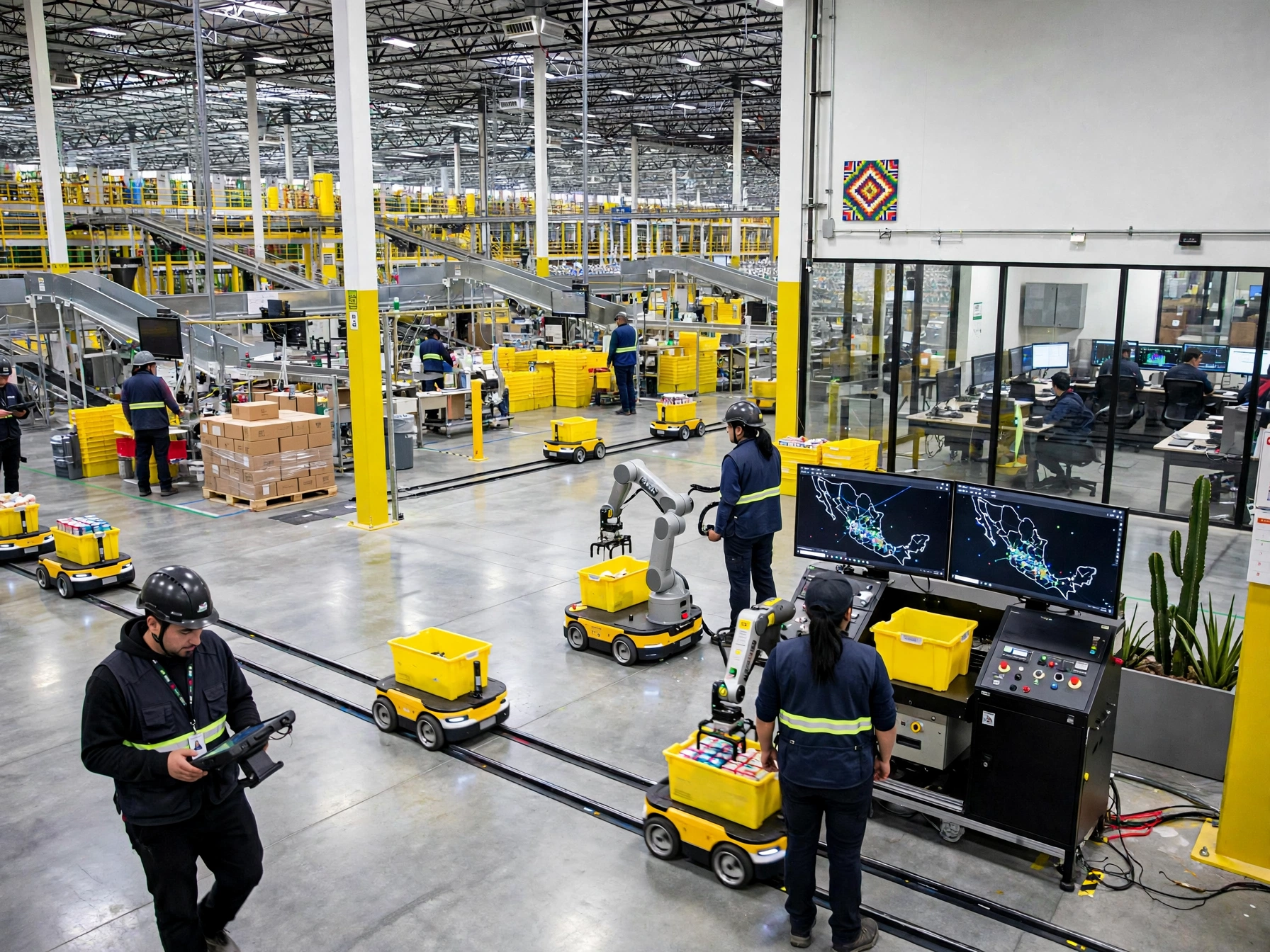 Trabajadores mexicanos con casco y chaleco supervisando robots amarillos con canastas en un gran centro de distribución con bandas transportadoras y monitores que muestran mapas de rutas