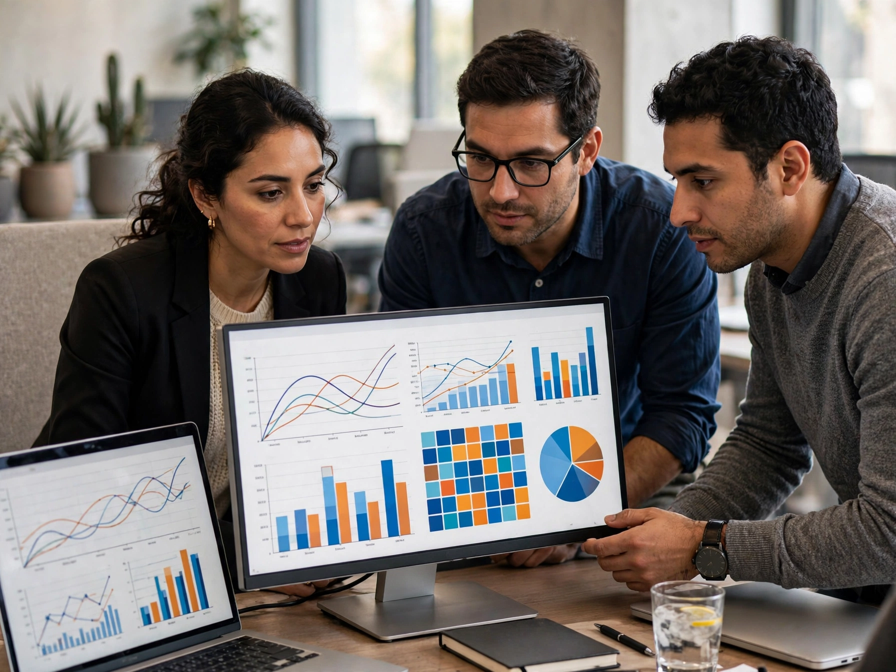 Analistas en Nu México revisando datos y decisiones de riesgo, tres analistas mexicanos observando monitor con gráficos de líneas, barras y pastel en oficina luminosa