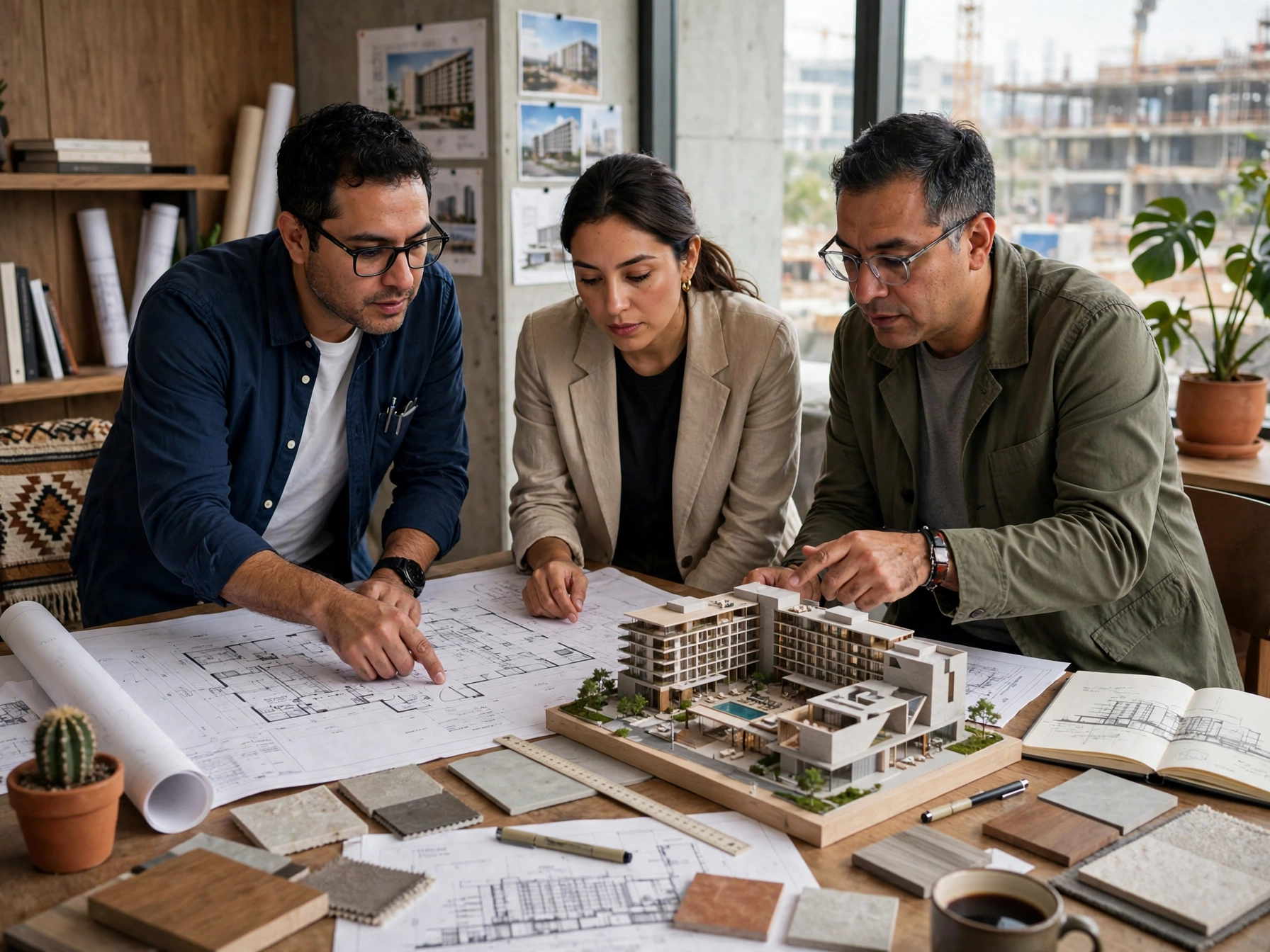 Tres arquitectos mexicanos colaborando en una mesa de trabajo con planos arquitectónicos extendidos y una maqueta a escala de un hotel Marriott moderno con alberca, rodeados de muestras de materiales de construcción, en una oficina temporal con vista a una obra en construcción al fondo