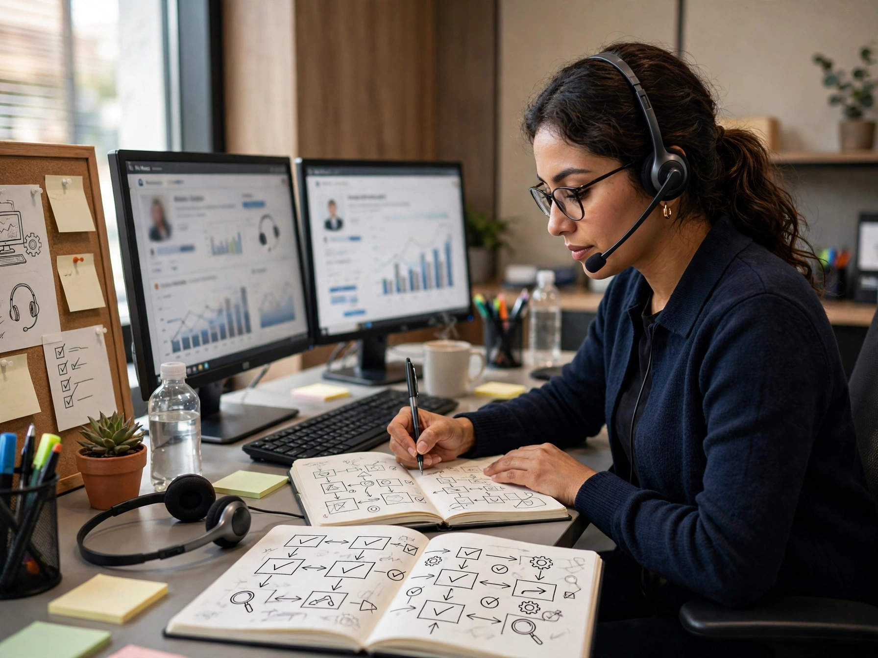 Agente mexicana de atención al cliente Xpeer en Nu México preparándose para turno, mujer con diadema escribiendo diagramas de flujo en libreta, dos monitores con gráficos, tablero con bocetos de audífonos