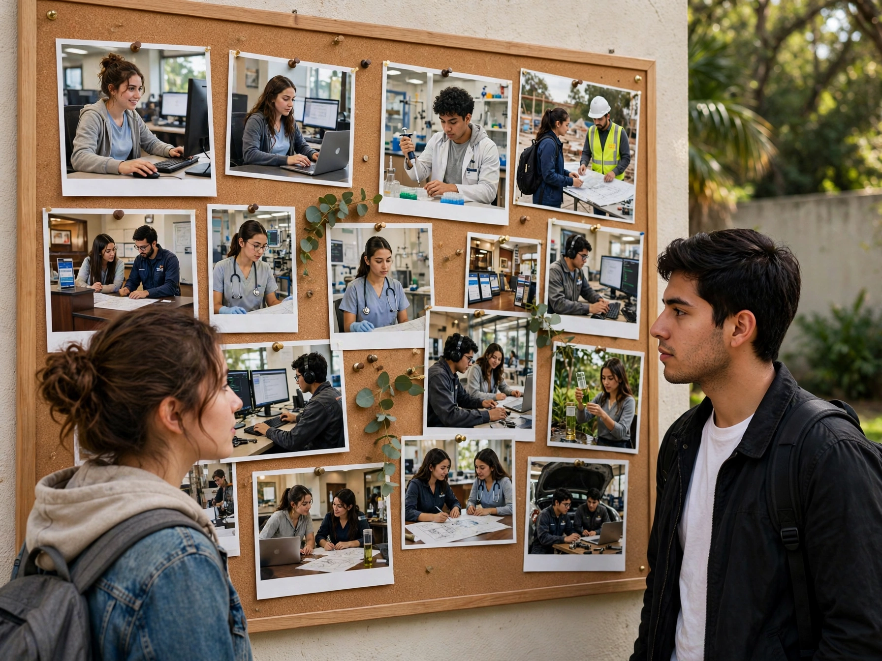 Dos estudiantes mexicanos observando Bolsa de Trabajo de UNITEC con fotos de becarios en prácticas, tablero de corcho con imágenes de primer empleo en oficina, laboratorio, obra y taller