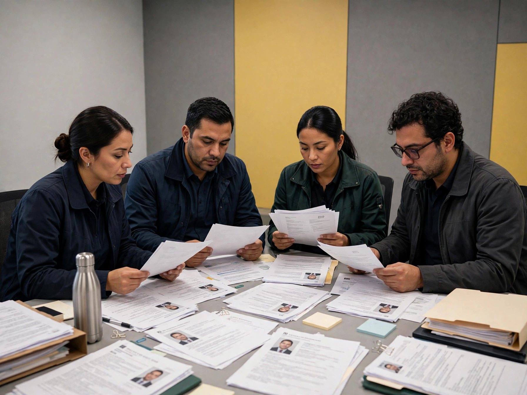 Equipo mexicano de cuatro personas en mesa de oficina revisando documentos de comercio exterior y aduanas, papeles y expedientes esparcidos, pared gris y amarilla de fondo