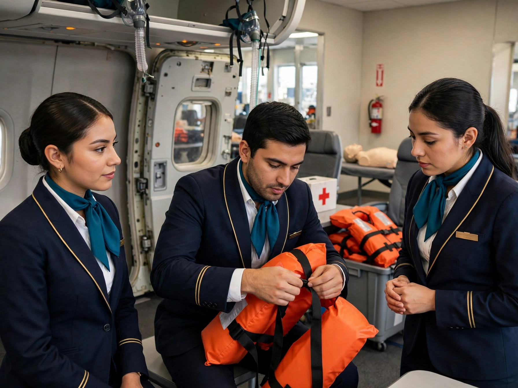 Cómo ser sobrecargo en Aeroméxico requisitos y preparación, tres sobrecargos mexicanos en entrenamiento de seguridad revisando chaleco salvavidas dentro de simulador de cabina