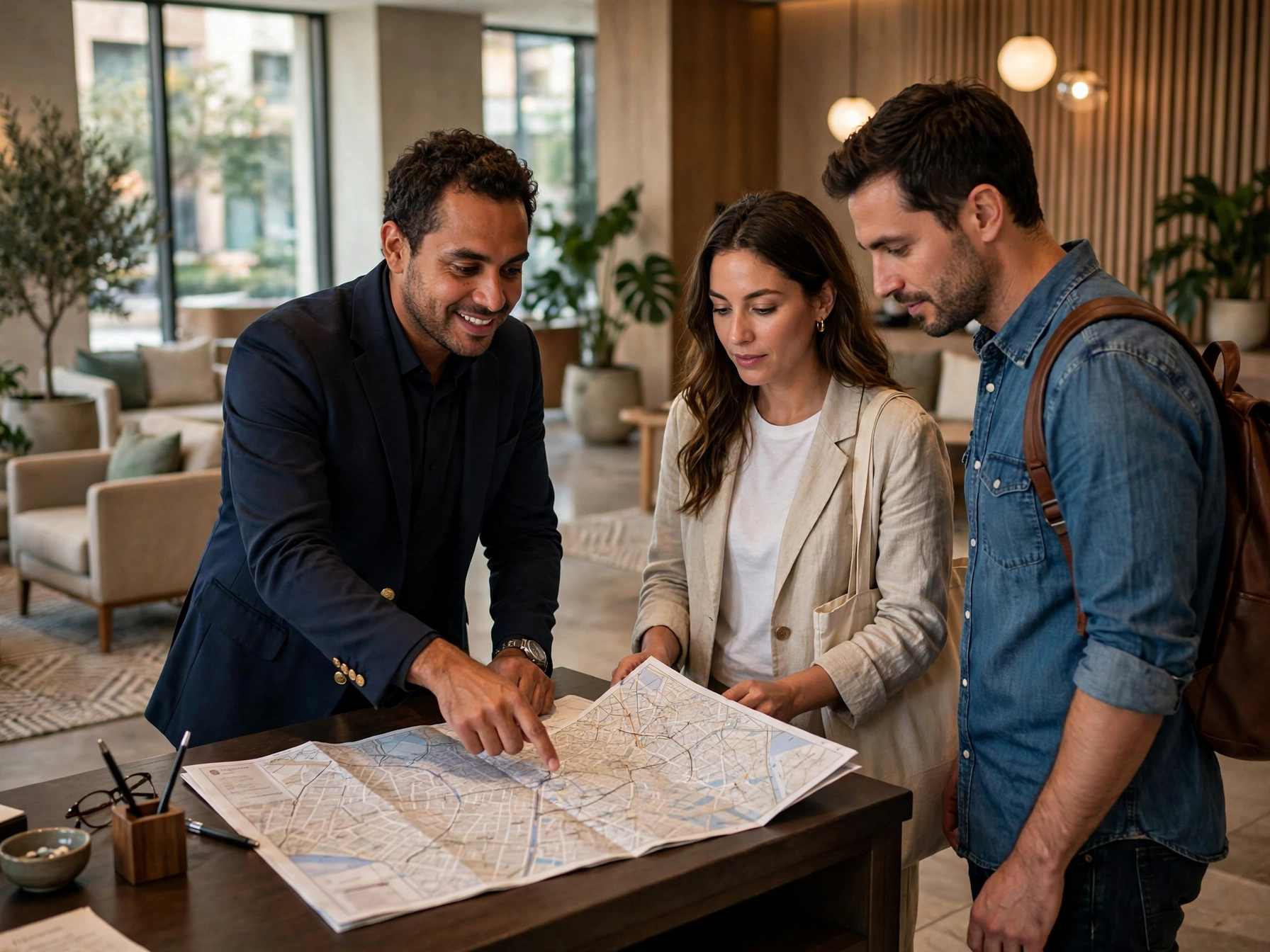 Concierge mexicano con saco azul marino mostrando mapa de la ciudad sobre mostrador de madera a pareja de turistas con mochilas en lobby luminoso con plantas