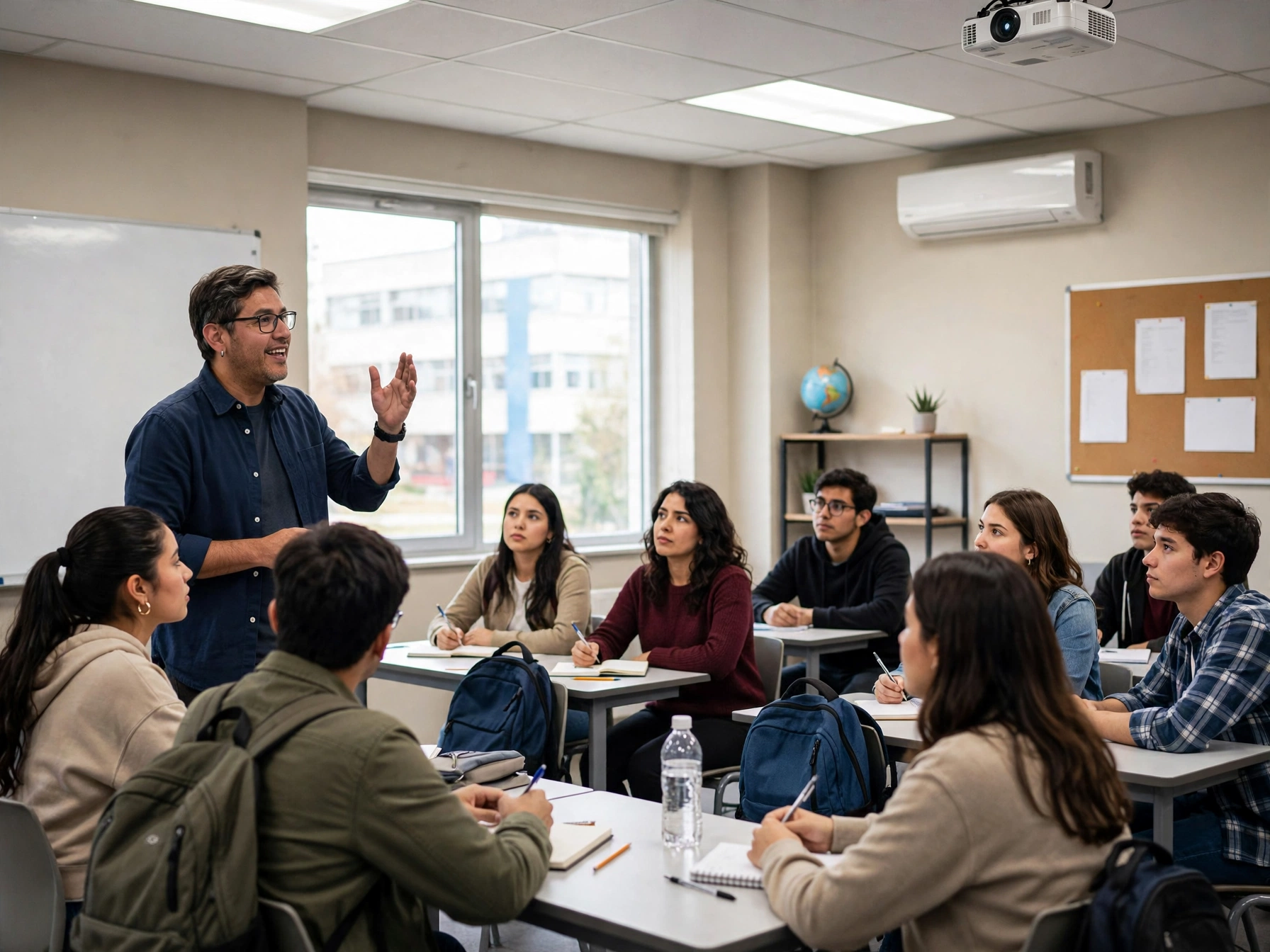 Docente mexicano con camisa azul dando clase a grupo de estudiantes universitarios en aula moderna iluminada, con pizarrón, proyector y mochilas