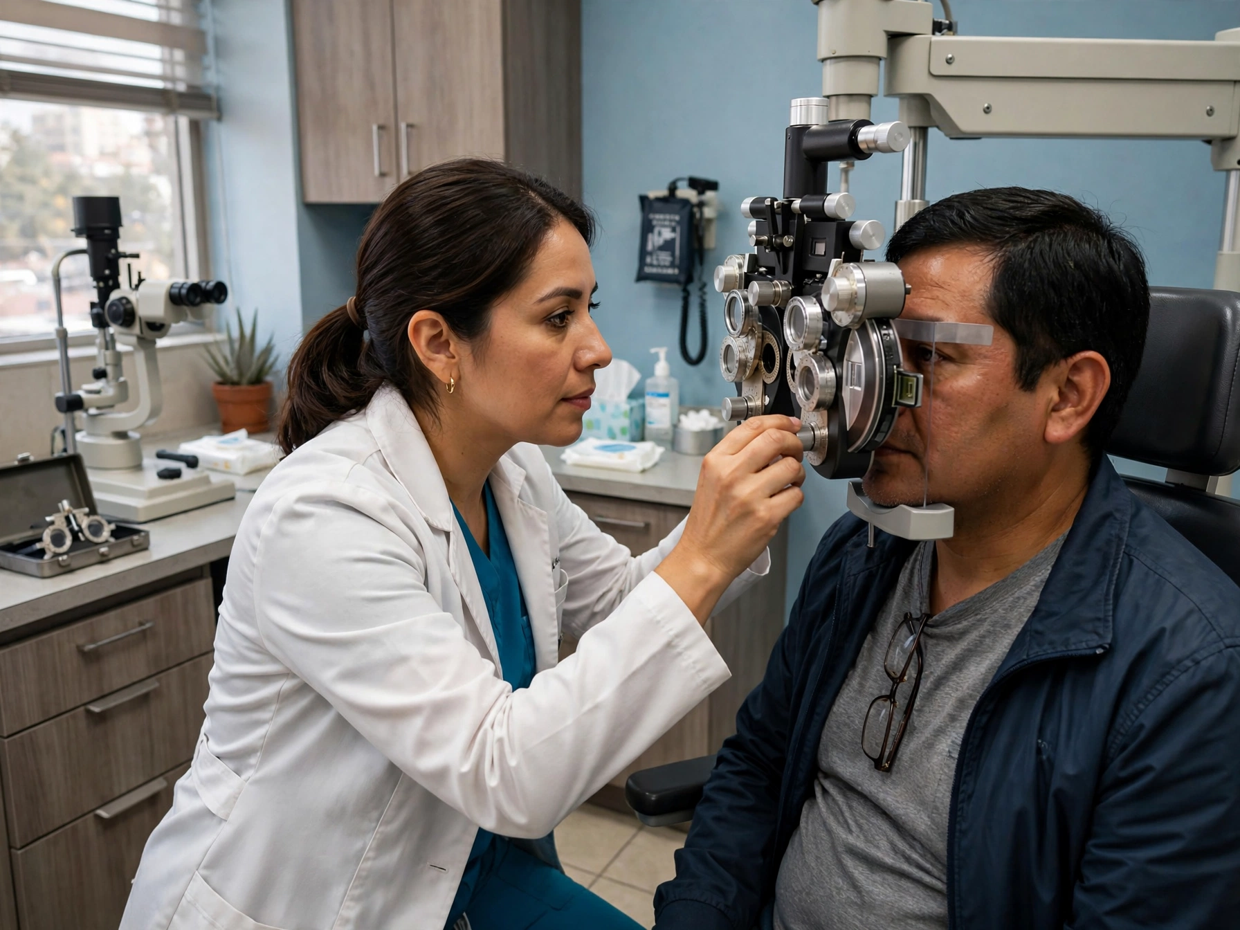 Optometrista trabajando en clínica de Salud Digna examen visual