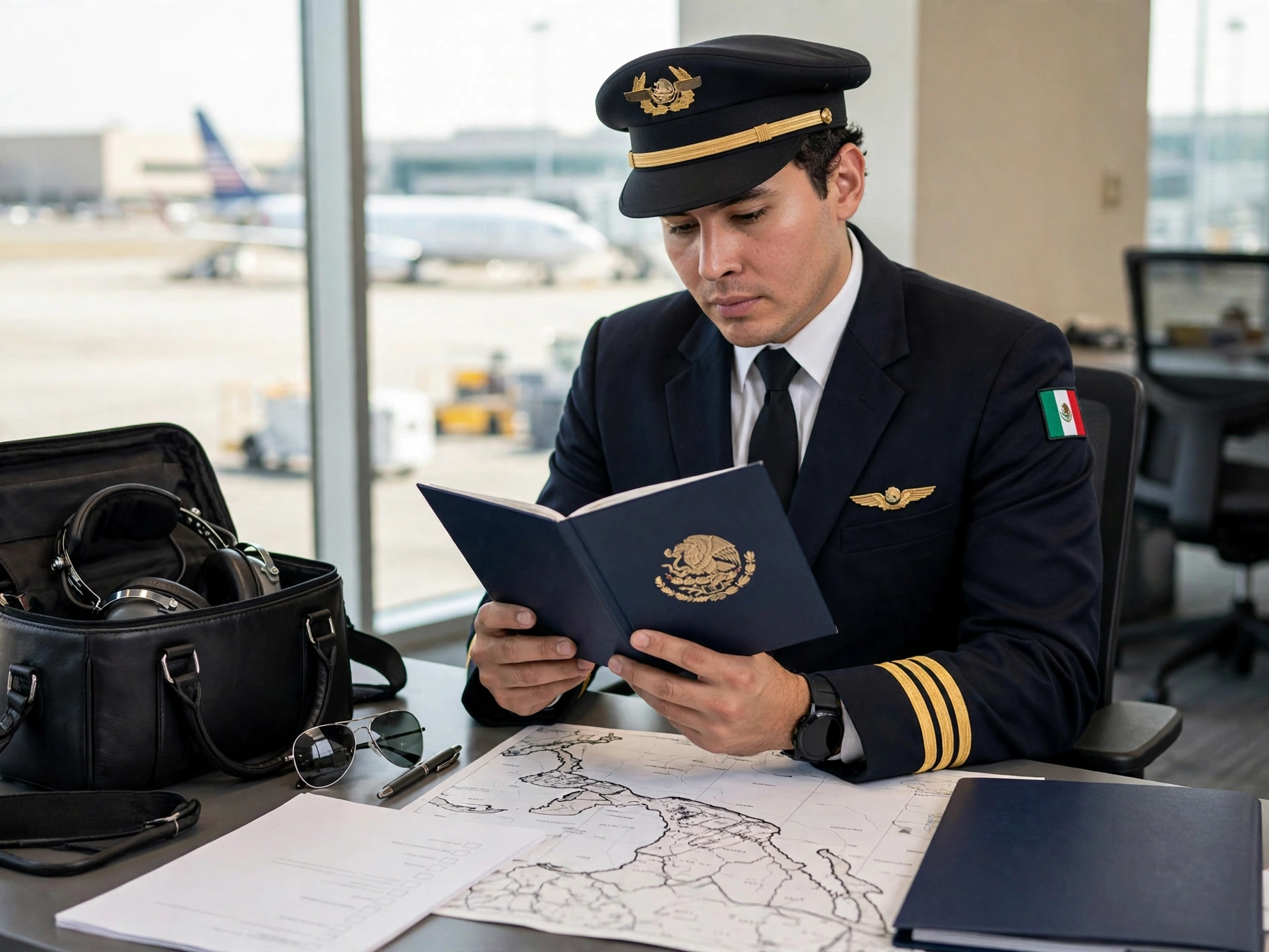 Cómo trabajar como piloto en Aeroméxico licencias y proceso, piloto mexicano en uniforme revisando bitácora y mapa de rutas en mesa de operaciones con avión al fondo