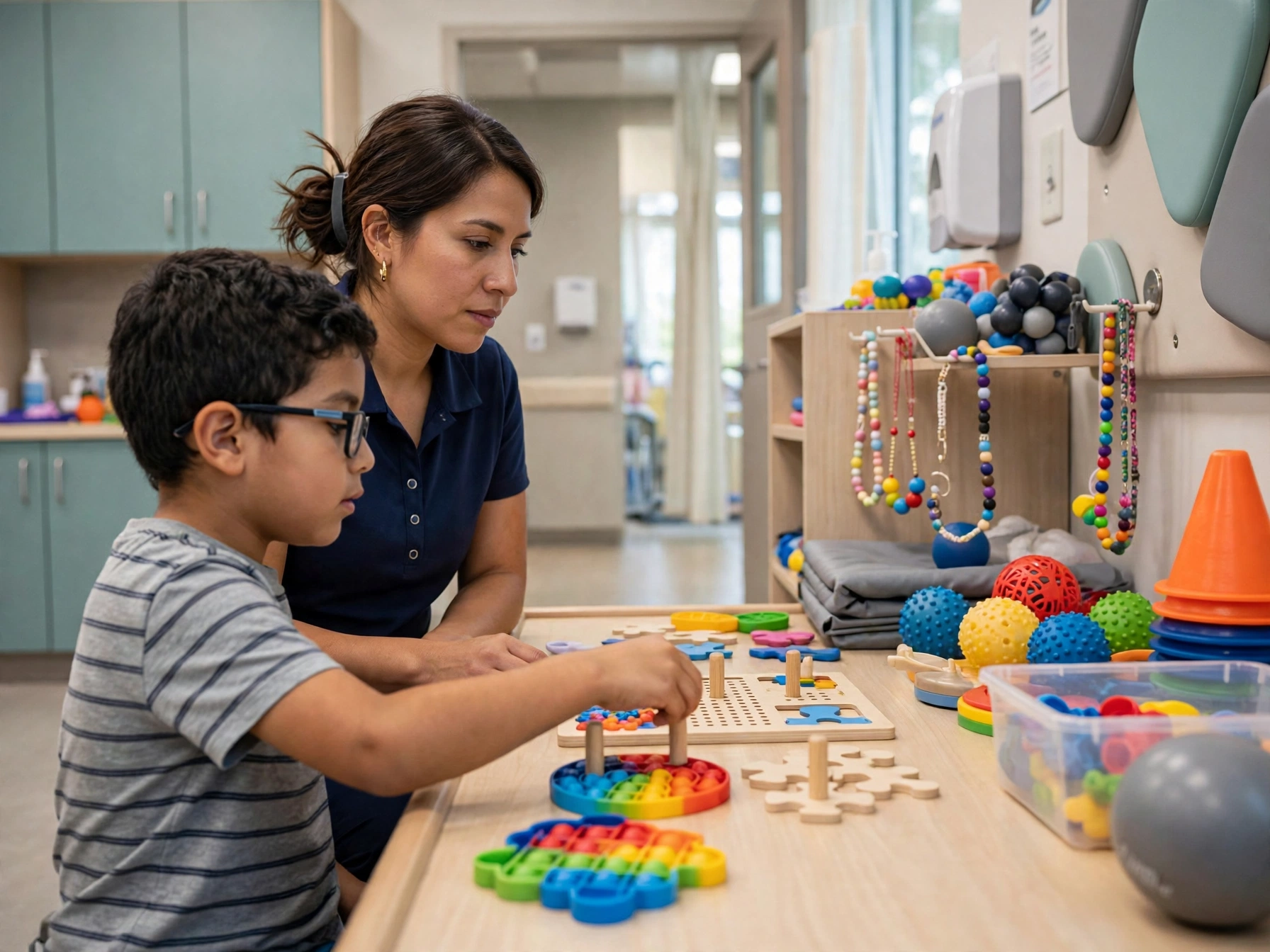 Terapeuta mexicana trabajando uno a uno con un niño con autismo en el Teletón, mesa con juguetes sensoriales coloridos, tableros de encaje, pelotas texturizadas y collares de cuentas, en una sala de terapia ordenada y luminosa