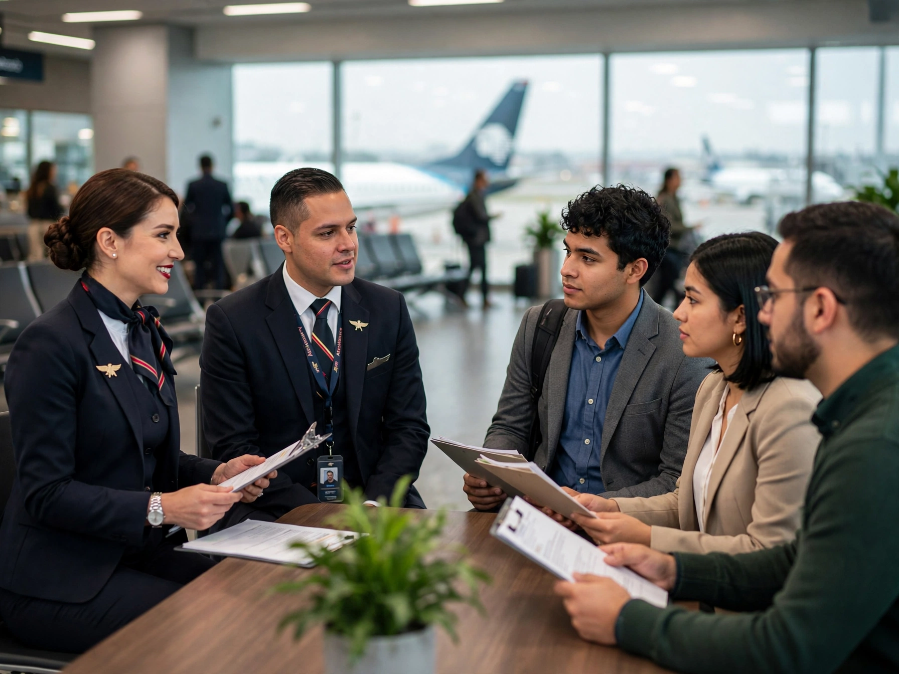 Cómo trabajar en Aeroméxico vacantes requisitos y proceso de selección, dos reclutadores de aerolínea entrevistando a tres candidatos mexicanos en sala de aeropuerto con avión al fondo