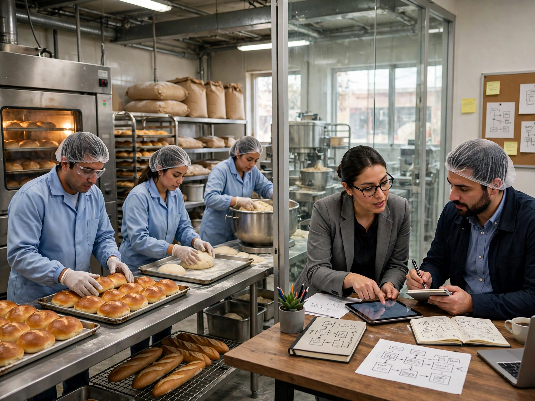 Tres panaderos con cofia y uniforme celeste preparando pan en una mesa de acero, junto a dos personas en una mesa revisando diagramas de proceso en tablet y libretas