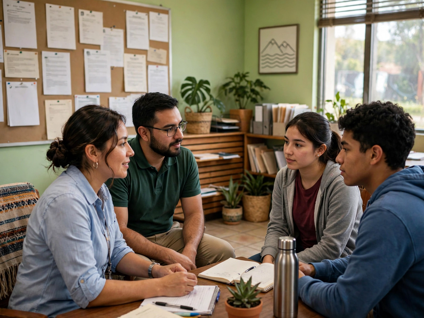 Dos profesionales con libretas conversando en una mesa baja con dos jóvenes en una sala luminosa con plantas, corcho de anuncios y estantería de libros