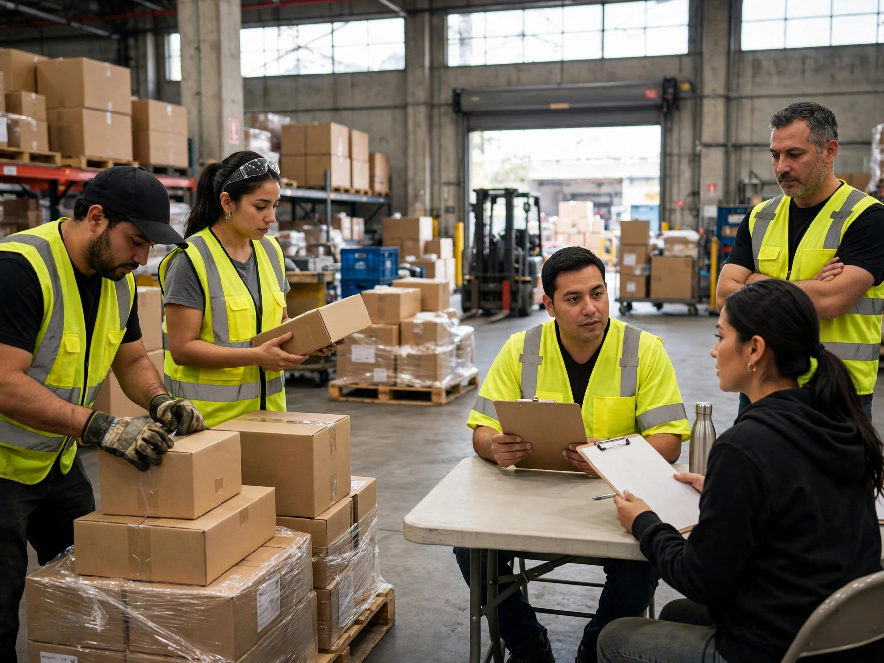 Cinco trabajadores con chalecos fluorescentes en bodega logística revisando cajas en tarimas, dos personas sentadas en mesa haciendo entrevista con portapapeles y montacargas al fondo