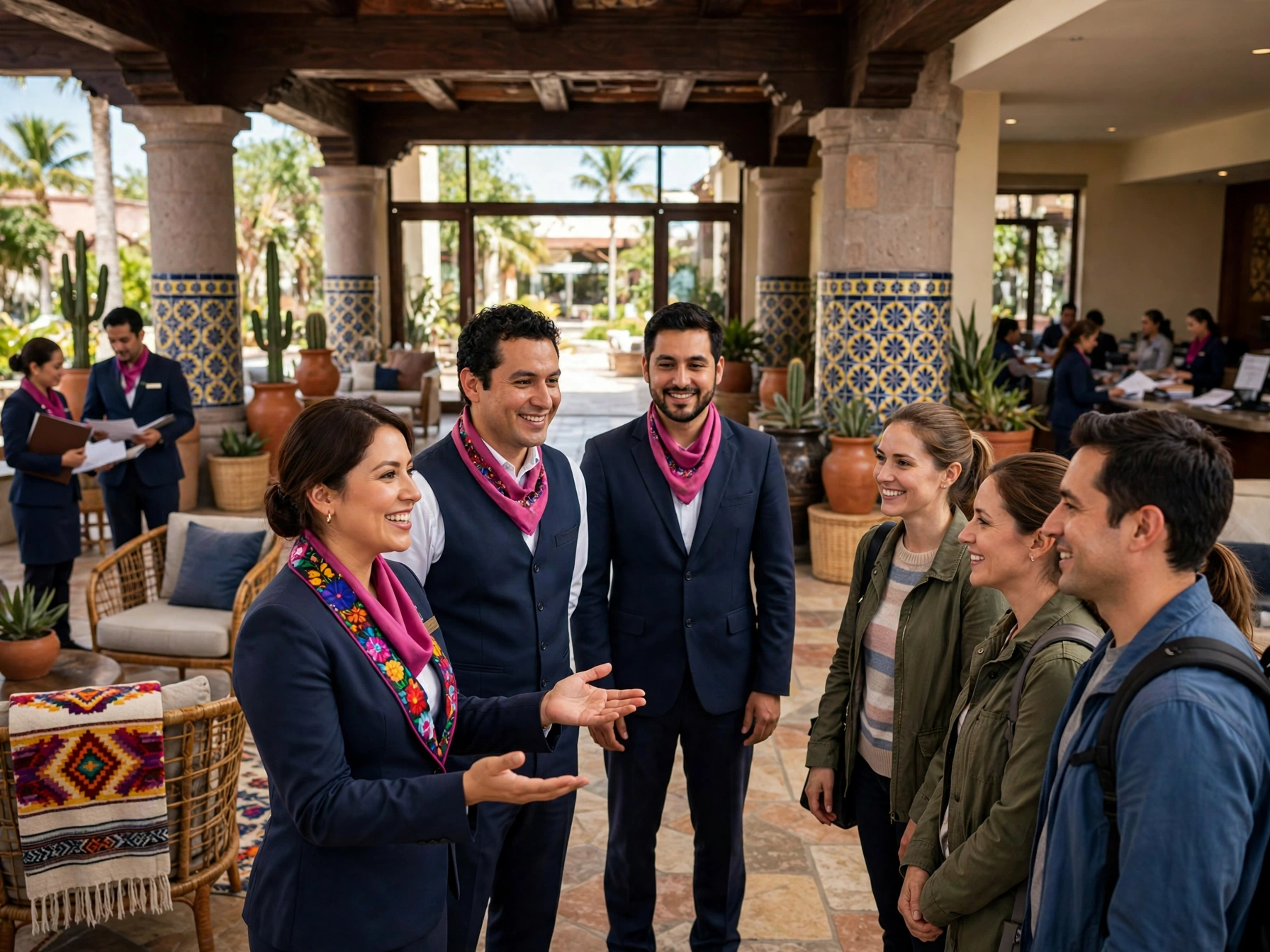 Personal de hotel mexicano con traje azul marino y paliacate rosa bordado recibiendo sonriente a tres huéspedes en lobby abierto con columnas de talavera, cactus y textiles artesanales