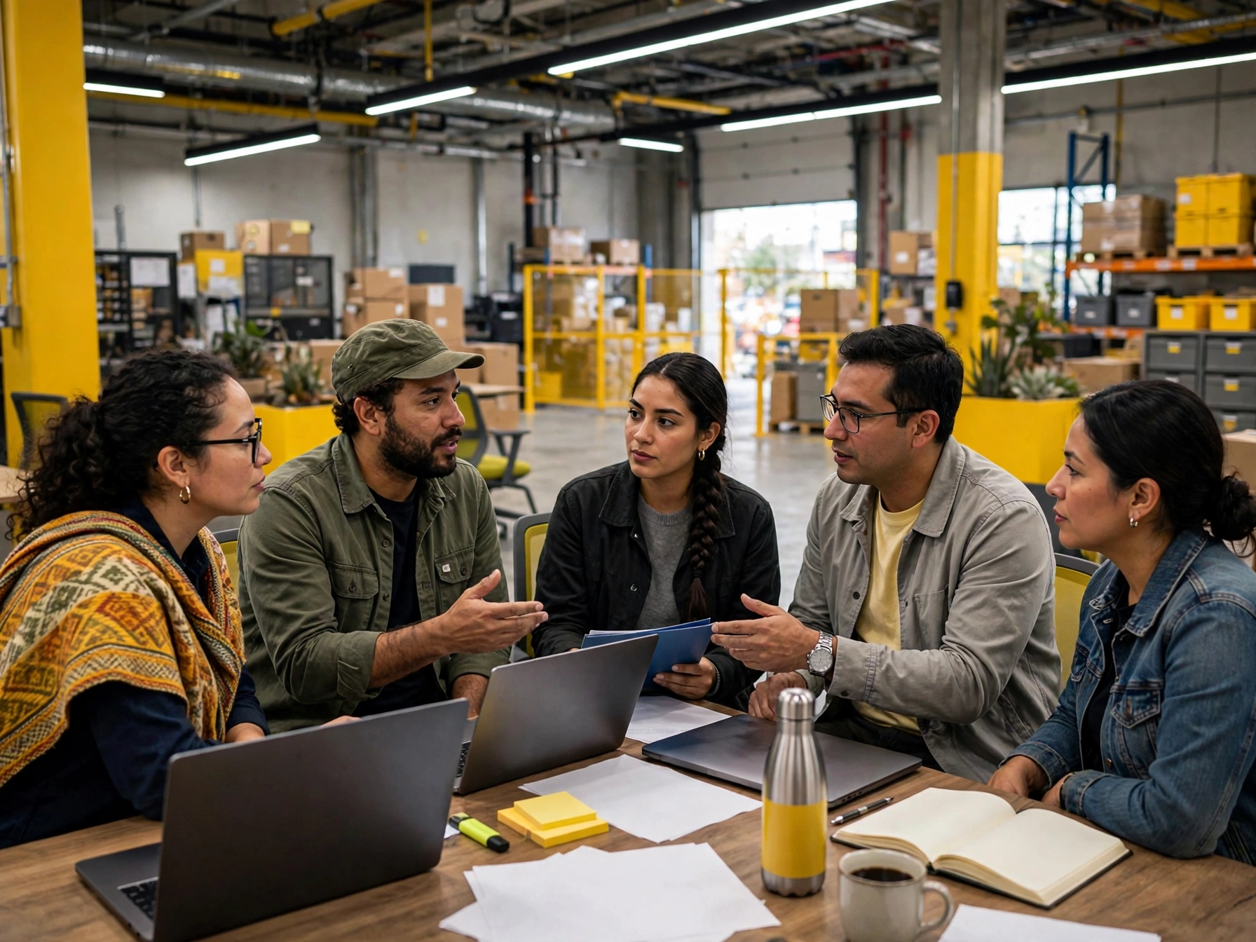 Cómo trabajar en Mercado Libre México áreas requisitos y proceso de selección, cinco colaboradores mexicanos reunidos alrededor de mesa con laptops en centro logístico con detalles amarillos