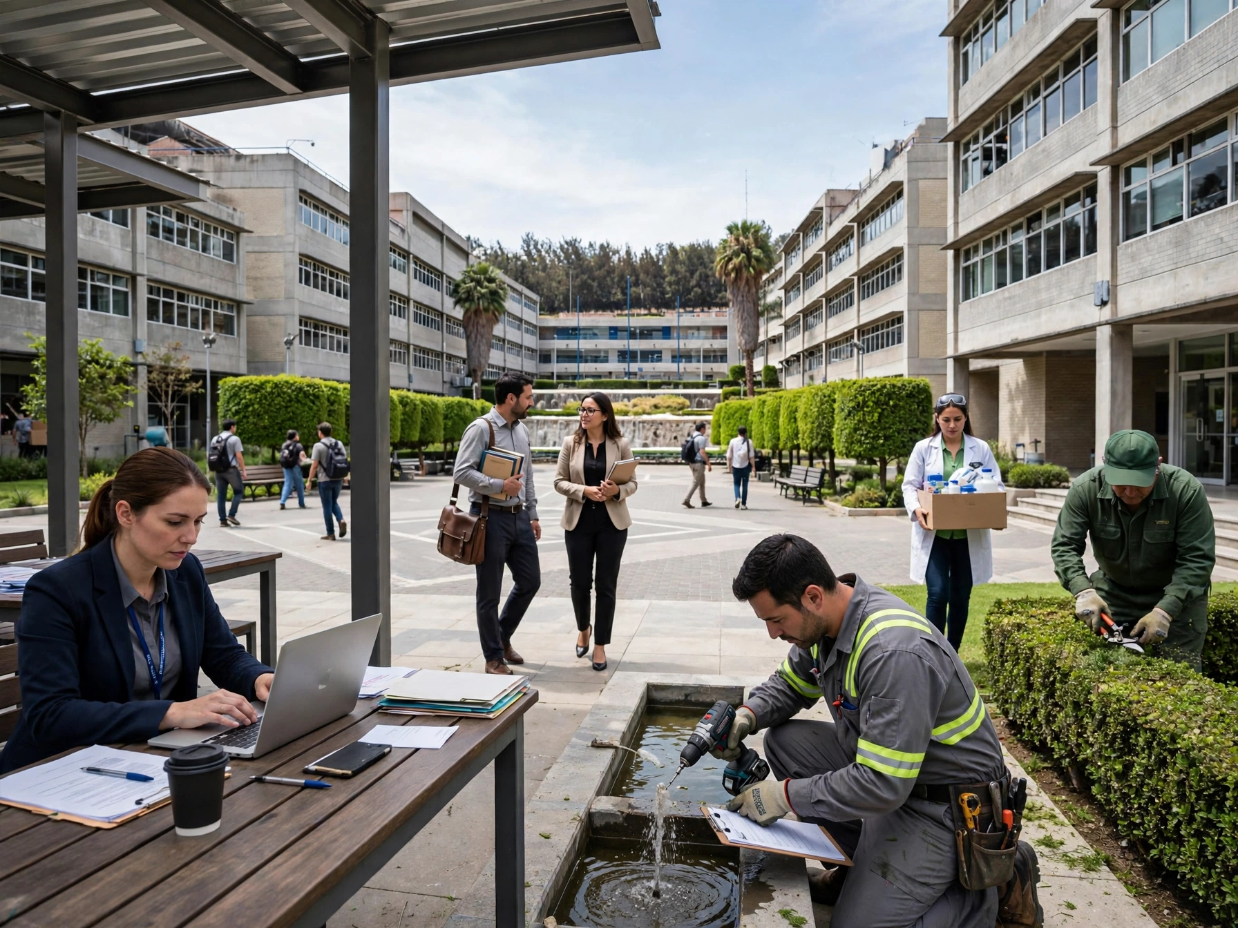Personal mexicano trabajando en campus de UNITEC, mujer administrativa con laptop en mesa exterior, pareja de docentes con libros caminando, técnico de mantenimiento reparando fuente, jardinero podando arbustos y laboratorista cargando caja con insumos, edificios universitarios al fondo