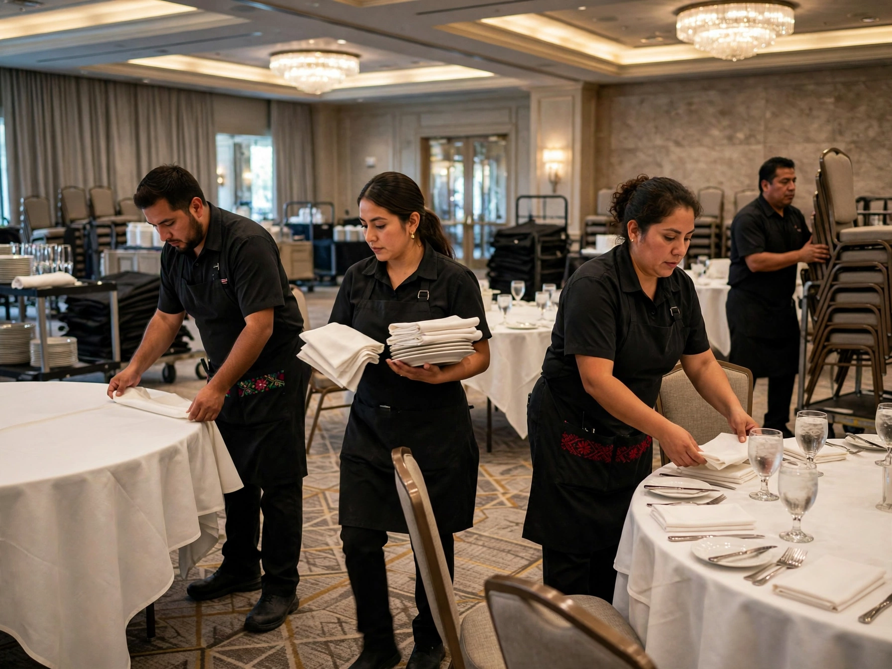 Equipo de cuatro colaboradores mexicanos de banquetes en un salón de eventos de hotel Marriott con candelabros de cristal, montando mesas redondas con manteles blancos, doblando servilletas, acomodando copas de agua y vajilla, mientras un mesero traslada una pila de sillas plegables, en plena operación de montaje para un evento formal