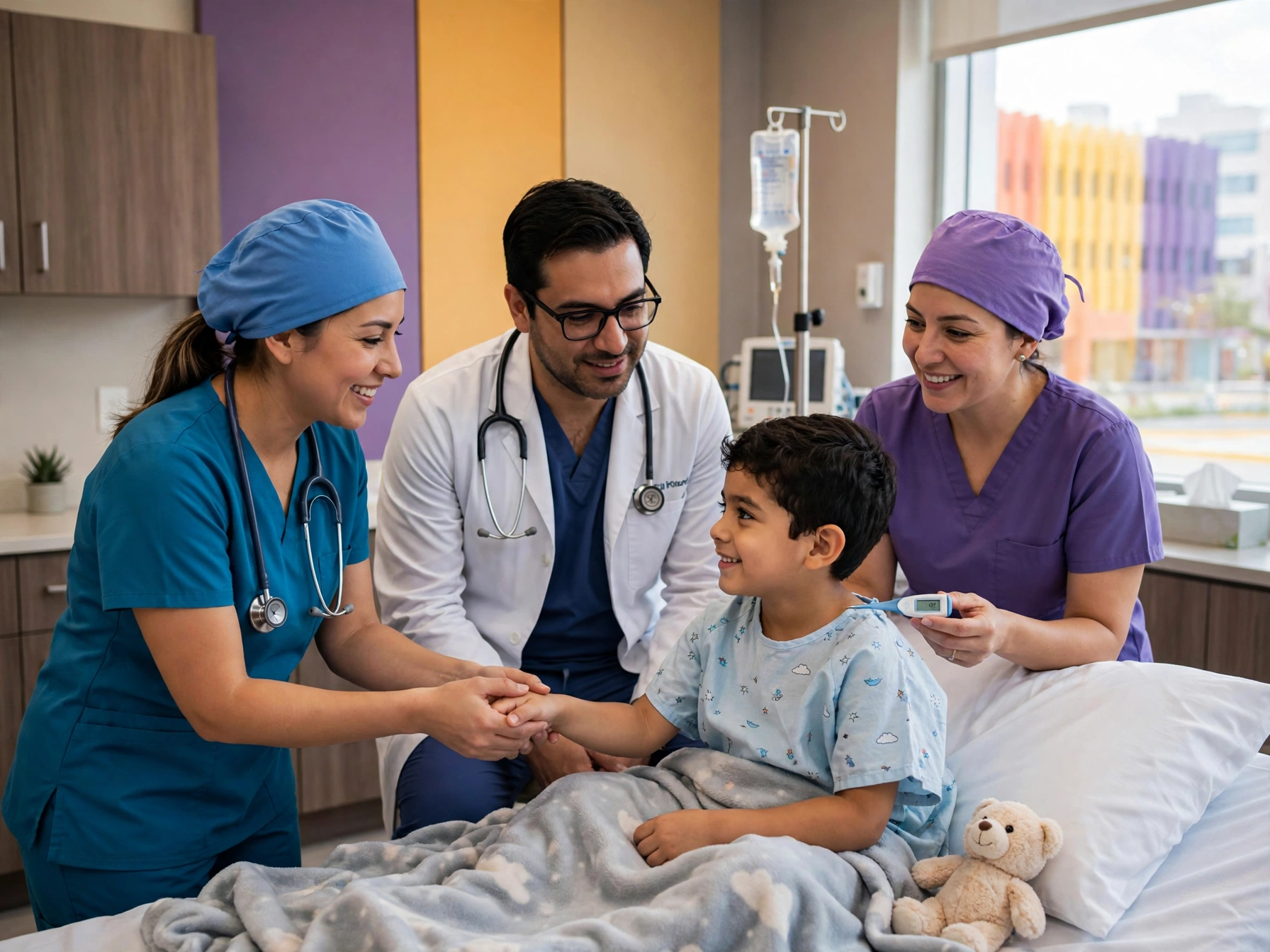 Equipo médico mexicano del Hospital Infantil Teletón de Oncología HITO atendiendo a un niño en cama hospitalaria, doctora sosteniendo su mano, doctor con estetoscopio y enfermera tomando temperatura, habitación luminosa con colores morado y amarillo y osito de peluche