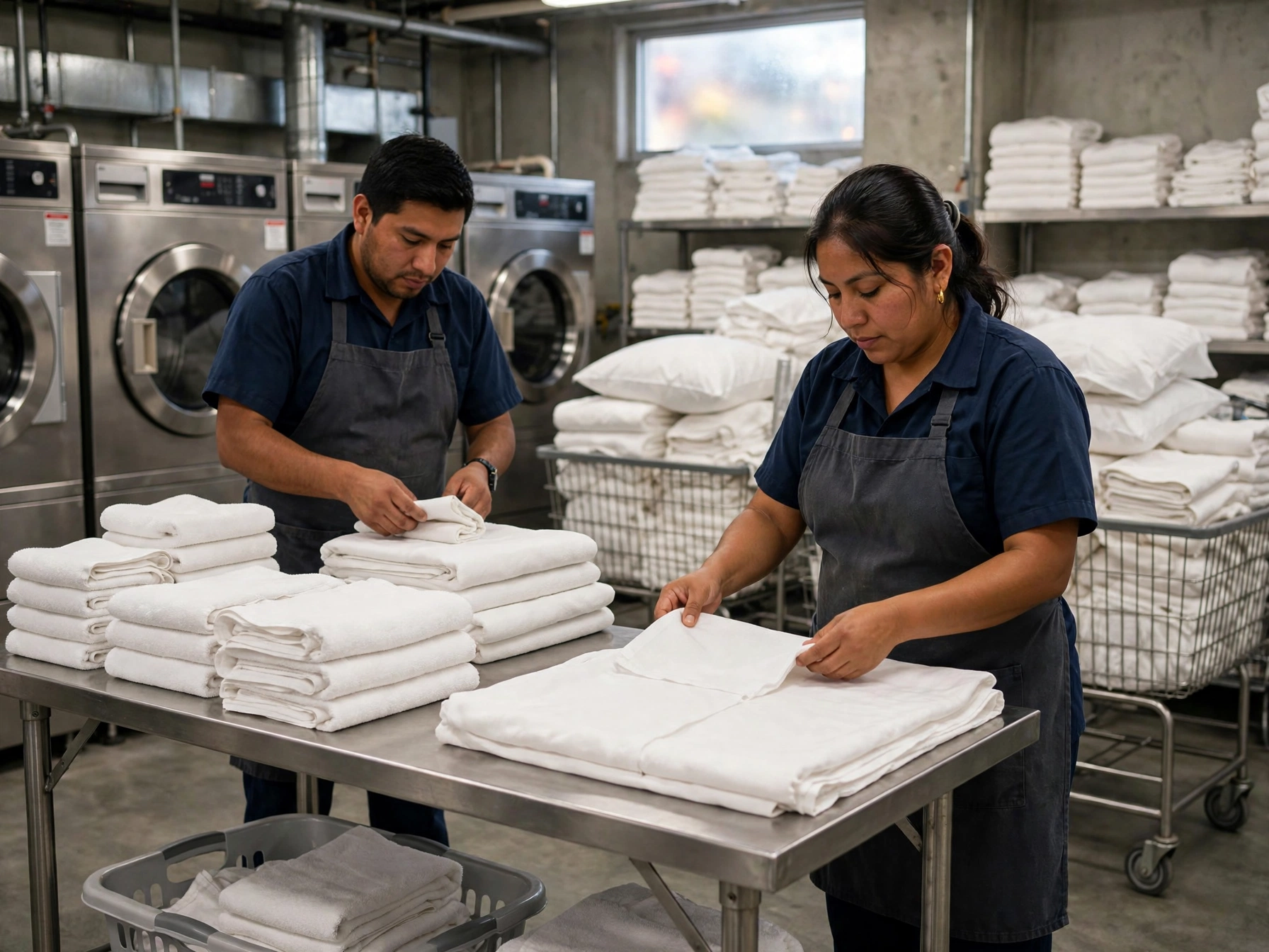 Dos trabajadores mexicanos de lavandería con delantal gris doblando sábanas y toallas blancas sobre mesa de acero inoxidable, al fondo lavadoras industriales y estanterías con ropa blanca apilada
