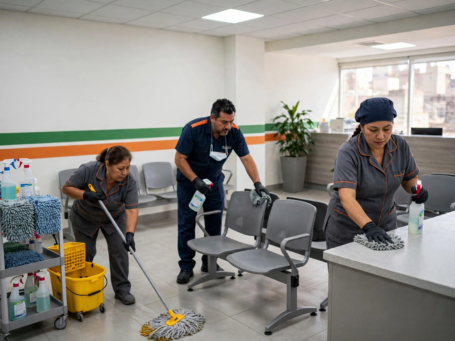 Personal de limpieza trabajando en clínica Salud Digna