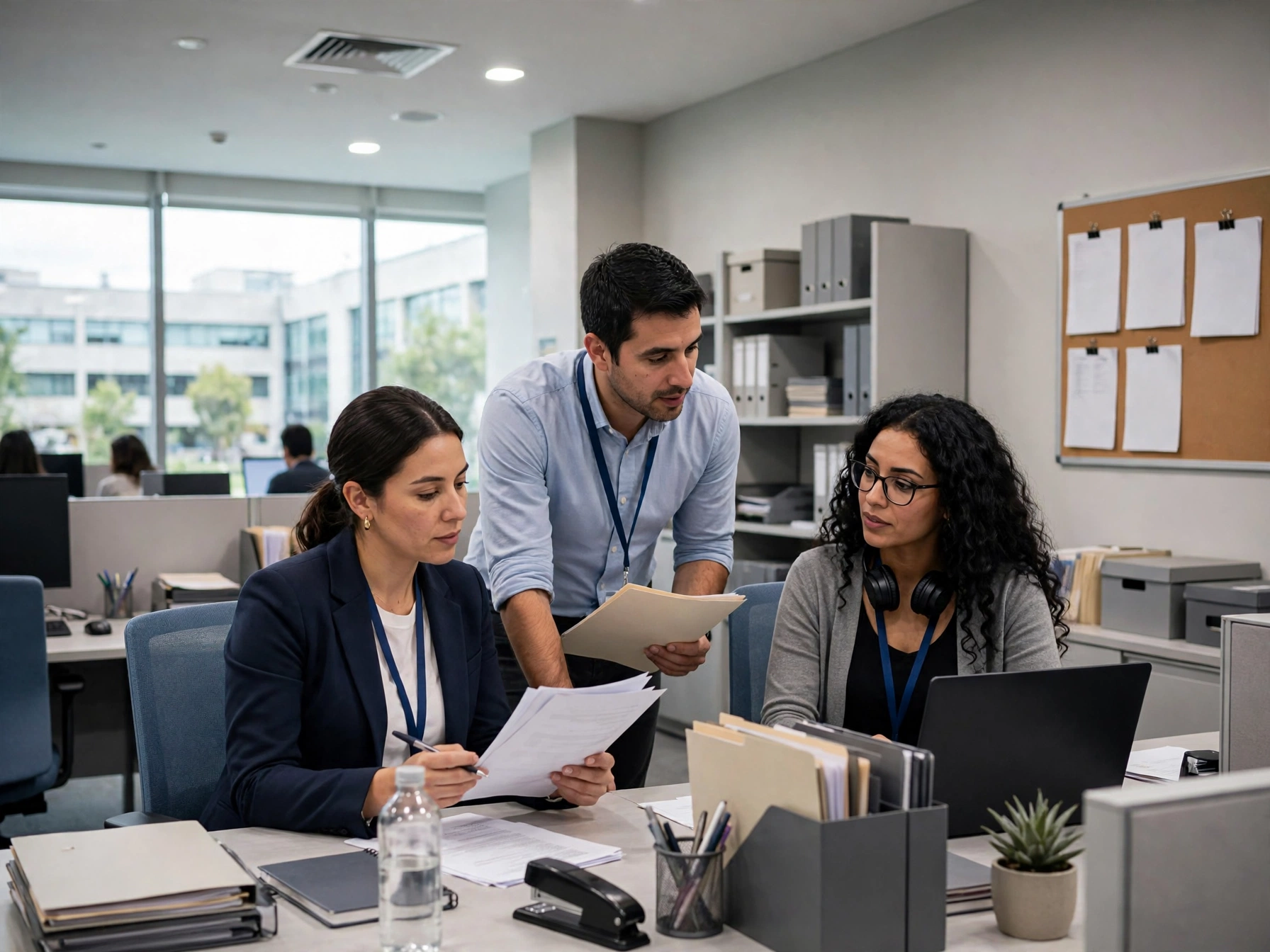 Equipo mexicano de servicios escolares en UNITEC, tres colaboradores revisando expedientes académicos en oficina con archivadores, laptop, documentos y tablero de control
