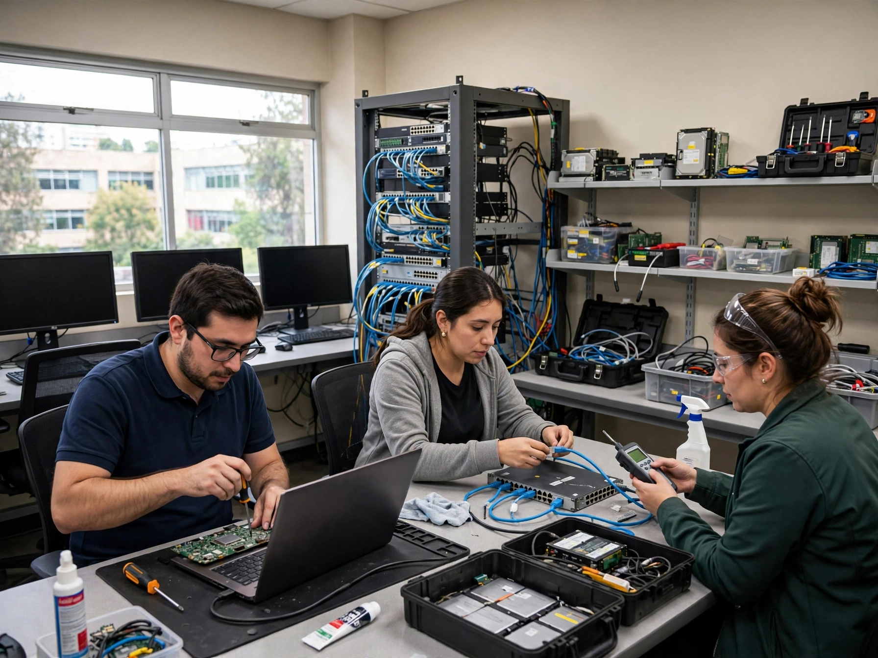 Equipo mexicano de soporte y tecnología en UNITEC trabajando en laboratorio de redes, tres técnicos reparando laptop, switch de red con cables azules, racks de servidores y herramientas de diagnóstico