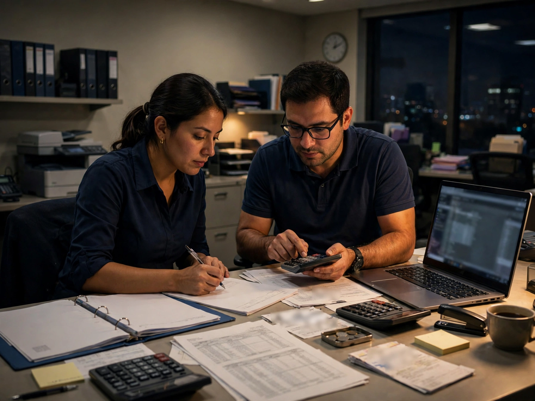 Dos colaboradores mexicanos de contabilidad en una oficina de hotel Marriott durante la noche realizando auditoría nocturna, con calculadoras, laptop con sistema contable, reportes impresos, carpetas y taza de café sobre el escritorio, reloj marcando pasada la medianoche y luces de la ciudad visibles por la ventana