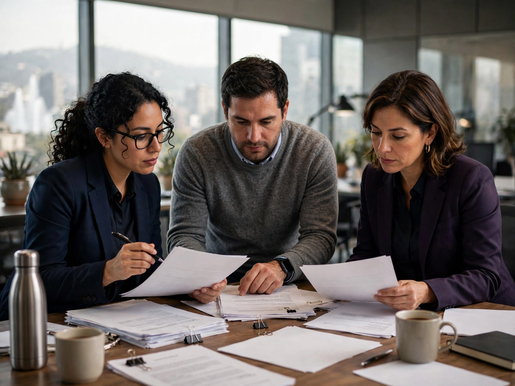 Cumplimiento y prevención de lavado en Nu, ruta profesional en fintech, tres oficiales mexicanos revisando documentos regulatorios con seriedad en mesa con carpetas