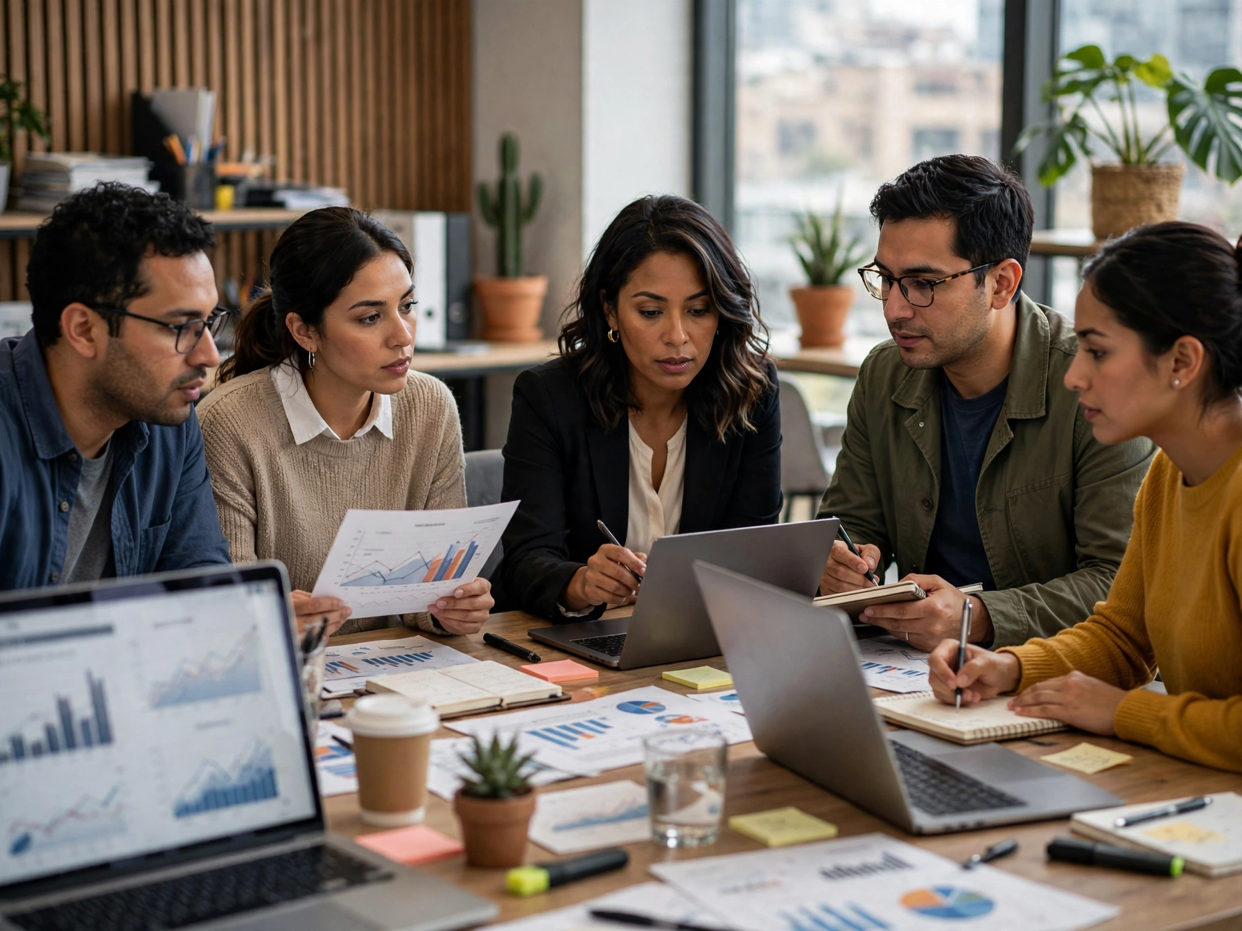 Cinco profesionales mexicanos de datos, consultoría y gestión de proyectos reunidos alrededor de una mesa de madera en una oficina de DHL analizando reportes con gráficos de barras y pastel, laptops, libretas y marcadores, discutiendo perfiles y funciones para un proyecto de optimización logística