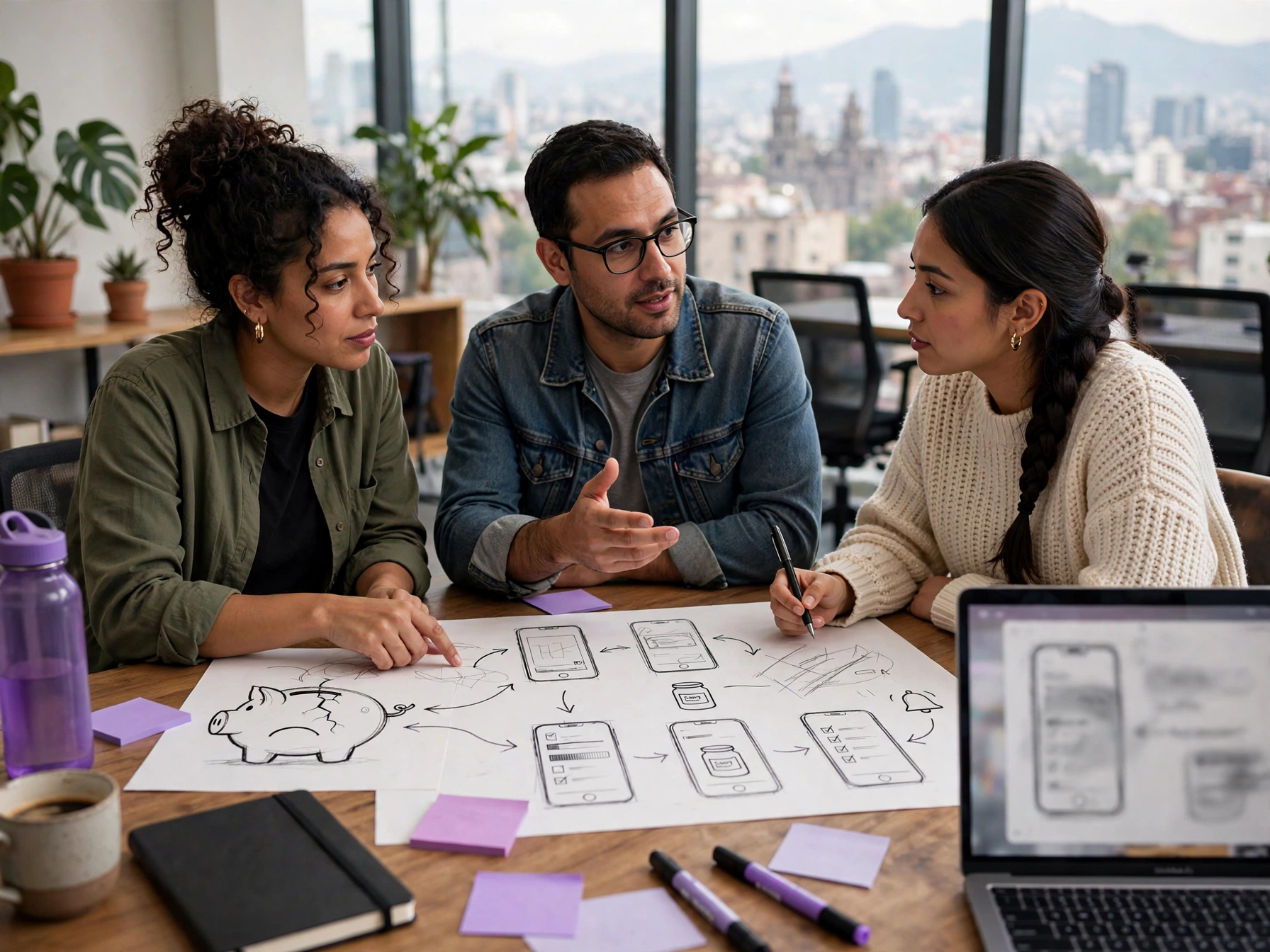 Diseño y producto en Nu, equipo mexicano transformando problema financiero en función de app, tres diseñadores debatiendo sobre bocetos de flujos de ahorro en mesa con laptop