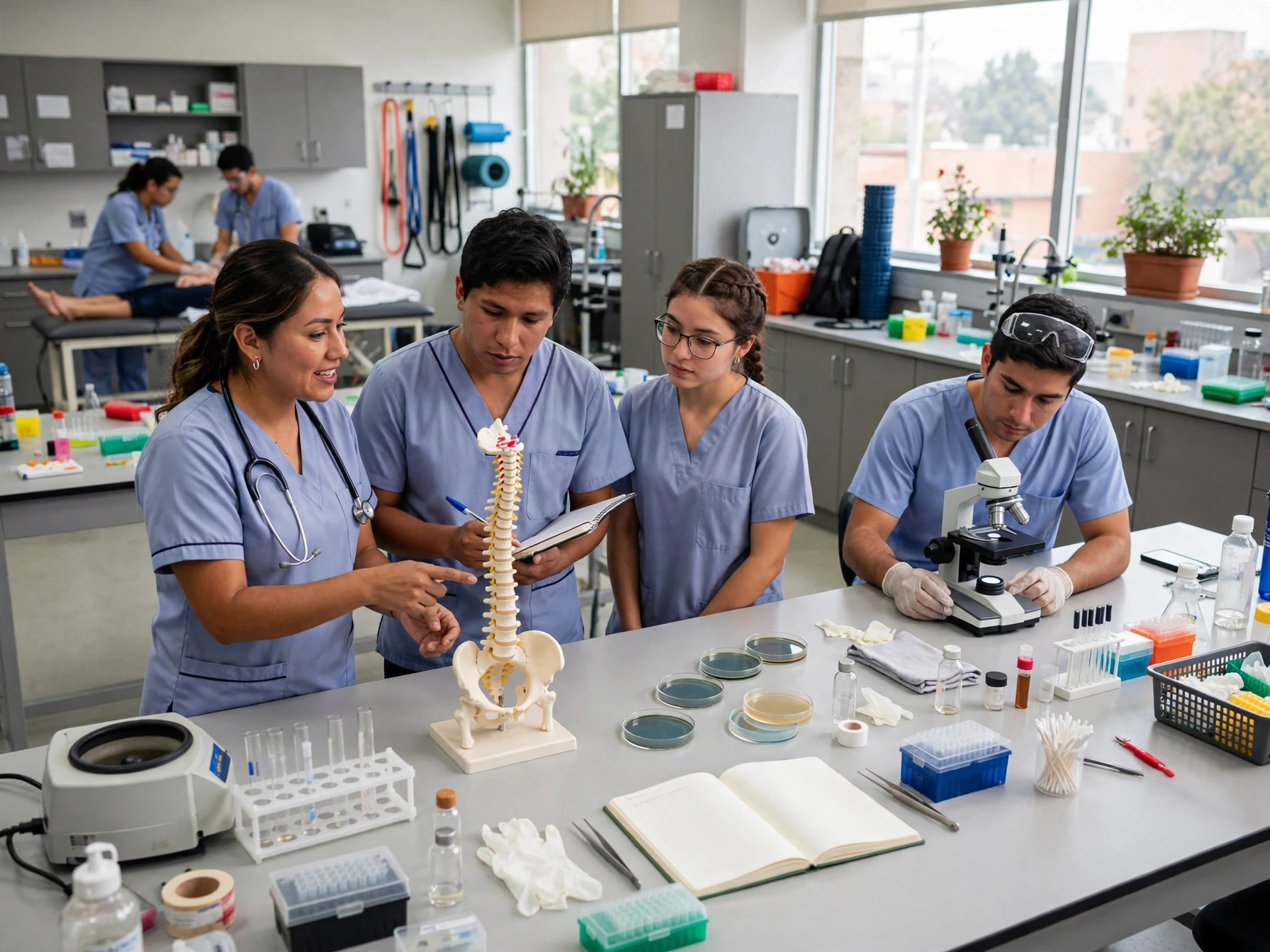 Docentes y estudiantes mexicanos de Universidad Teletón en laboratorio de rehabilitación, profesora explicando modelo de columna vertebral a tres alumnos con microscopio, placas de cultivo, tubos de ensayo y material de investigación sobre mesa