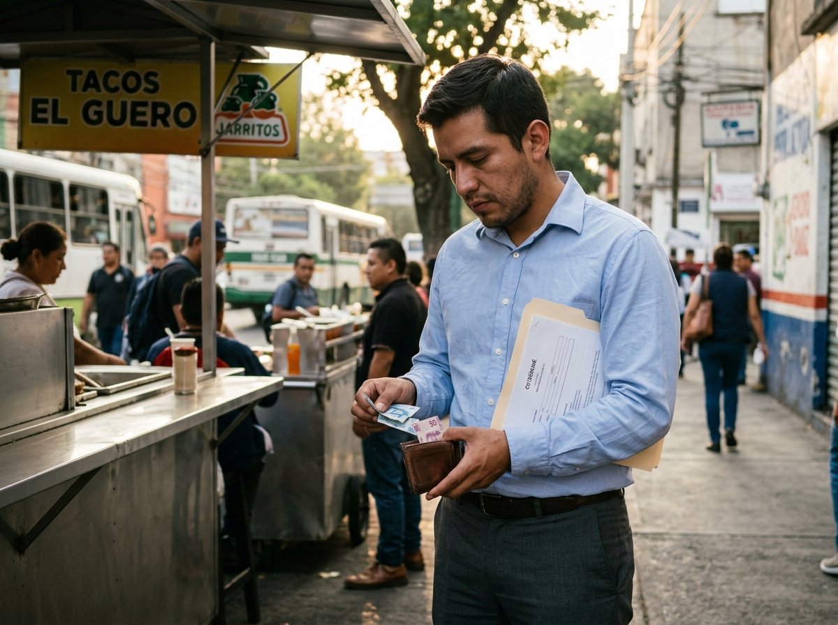 Un joven latino con vestimenta formal de entrevista se encuentra pensativo y algo cansado junto a una parada de autobús en una calle concurrida. Revisa los billetes que le quedan en su billetera abierta, mientras sostiene un folder con hojas de vida bajo el brazo. El entorno muestra el ajetreo urbano cotidiano, reflejando el gasto en pasajes y el desgaste físico que implica la búsqueda constante de empleo.
