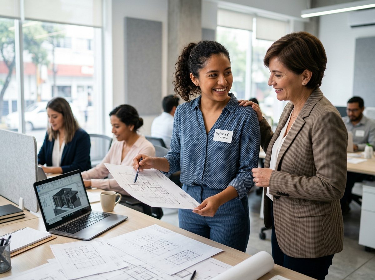 Una joven estudiante de arquitectura latina, que realiza sus prácticas profesionales, le explica un plano impreso a su jefa de mediana edad en un moderno estudio de arquitectura. Ambas mujeres están de pie y sonríen, con expresión de colaboración y aprendizaje. La estudiante lleva un gafete con su nombre y cargo. El entorno es una oficina luminosa y abierta, con otros colegas latinos trabajando en computadoras al fondo. El plano está sobre una mesa llena de documentos y una laptop abierta. La imagen es fotorrealista y captura un momento natural de mentoría.