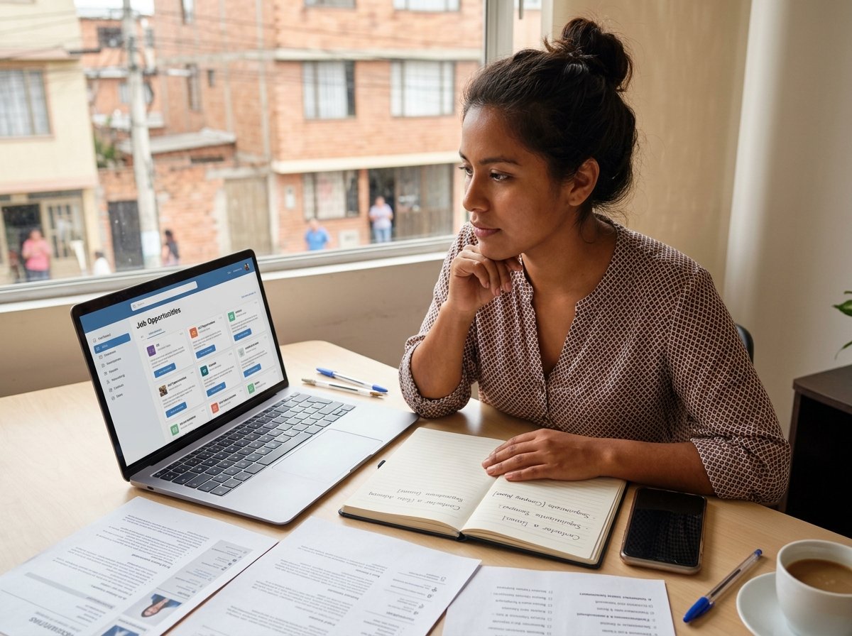 Una joven latina sentada frente a un escritorio con una computadora portátil, donde se ve una plataforma de búsqueda de empleo. En la mesa hay varias hojas de vida impresas y un teléfono celular. Ella mira pensativamente a su alrededor, mientras su mano descansa sobre un cuaderno de notas. La escena sugiere la reflexión sobre las distintas opciones para buscar trabajo.