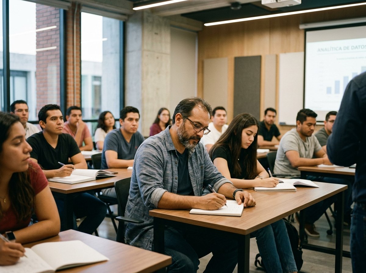 Un hombre latino de unos late 30s o 40s sentado en un salón de clases moderno y bien iluminado, concentrado y con expresión reflexiva mientras toma notas en su libreta. A su alrededor se ven otros estudiantes adultos latinos atentos a la clase. El ambiente transmite determinación, enfoque y el inicio de una nueva etapa académica y profesional. La toma tiene una iluminación natural y estilo fotográfico fotorrealista.