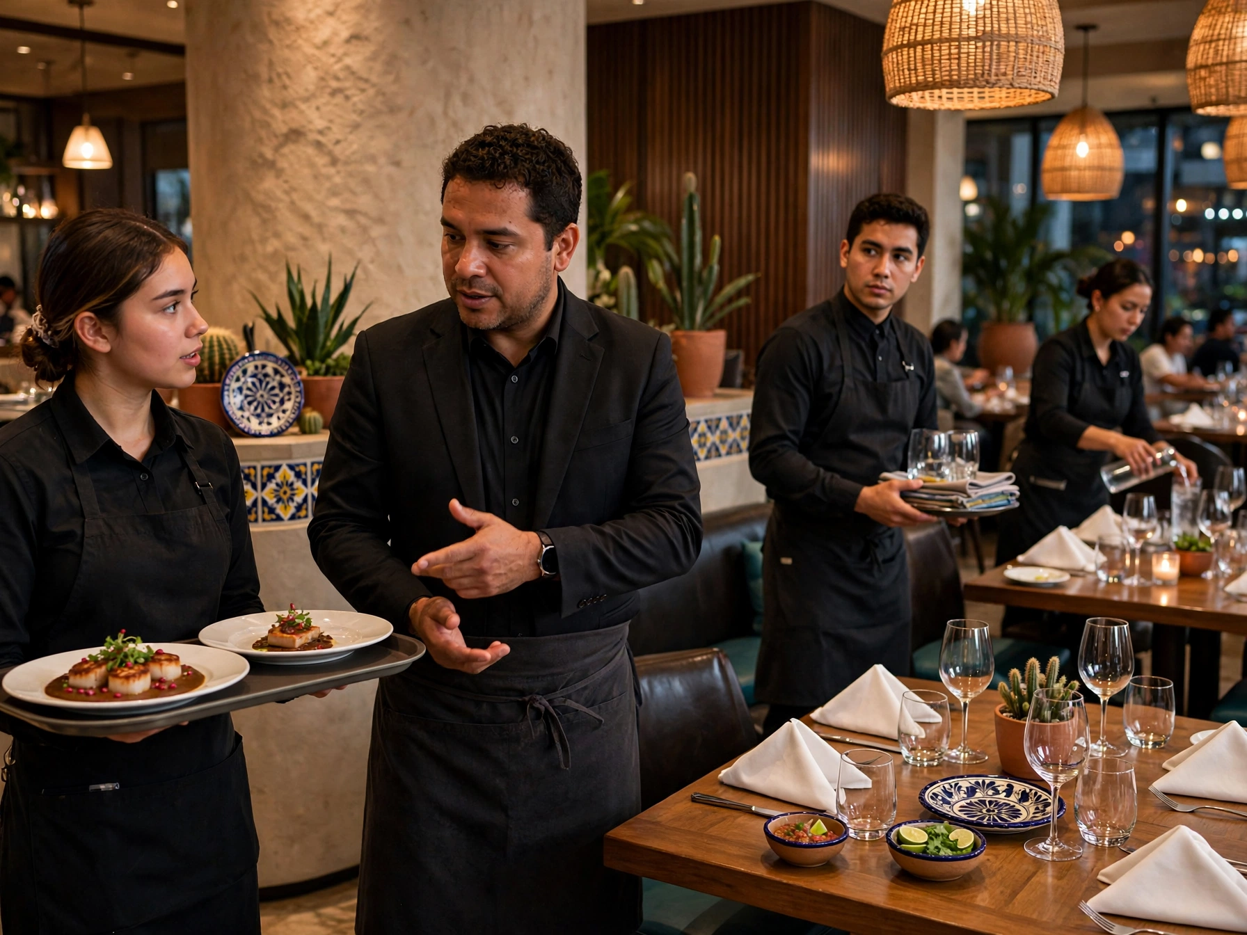 Gerente de restaurante mexicano en traje negro dando instrucciones a una mesera que sostiene una charola con platillos gourmet de vieiras y mole, mientras al fondo el equipo de servicio monta mesas con vajilla de talavera, copas de vino y servilletas dobladas, bajo lámparas de mimbre en un ambiente cálido de restaurante de hotel Marriott