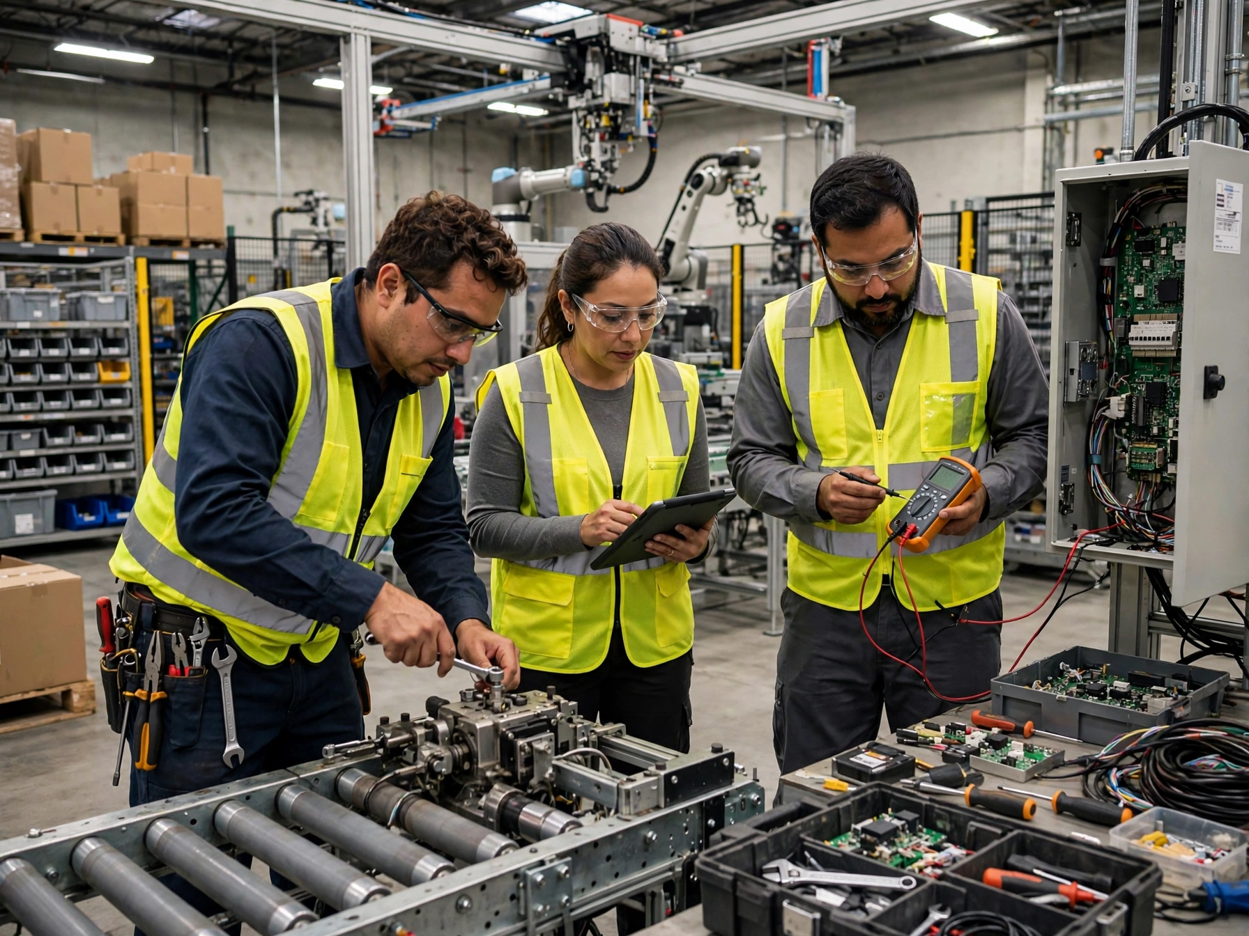 Tres ingenieros mexicanos con chalecos amarillos de alta visibilidad trabajando en mantenimiento y automatización dentro de un centro de distribución de DHL, revisando una banda transportadora, un tablero eléctrico abierto y usando multímetro y tableta, con brazos robóticos y estanterías con cajas al fondo