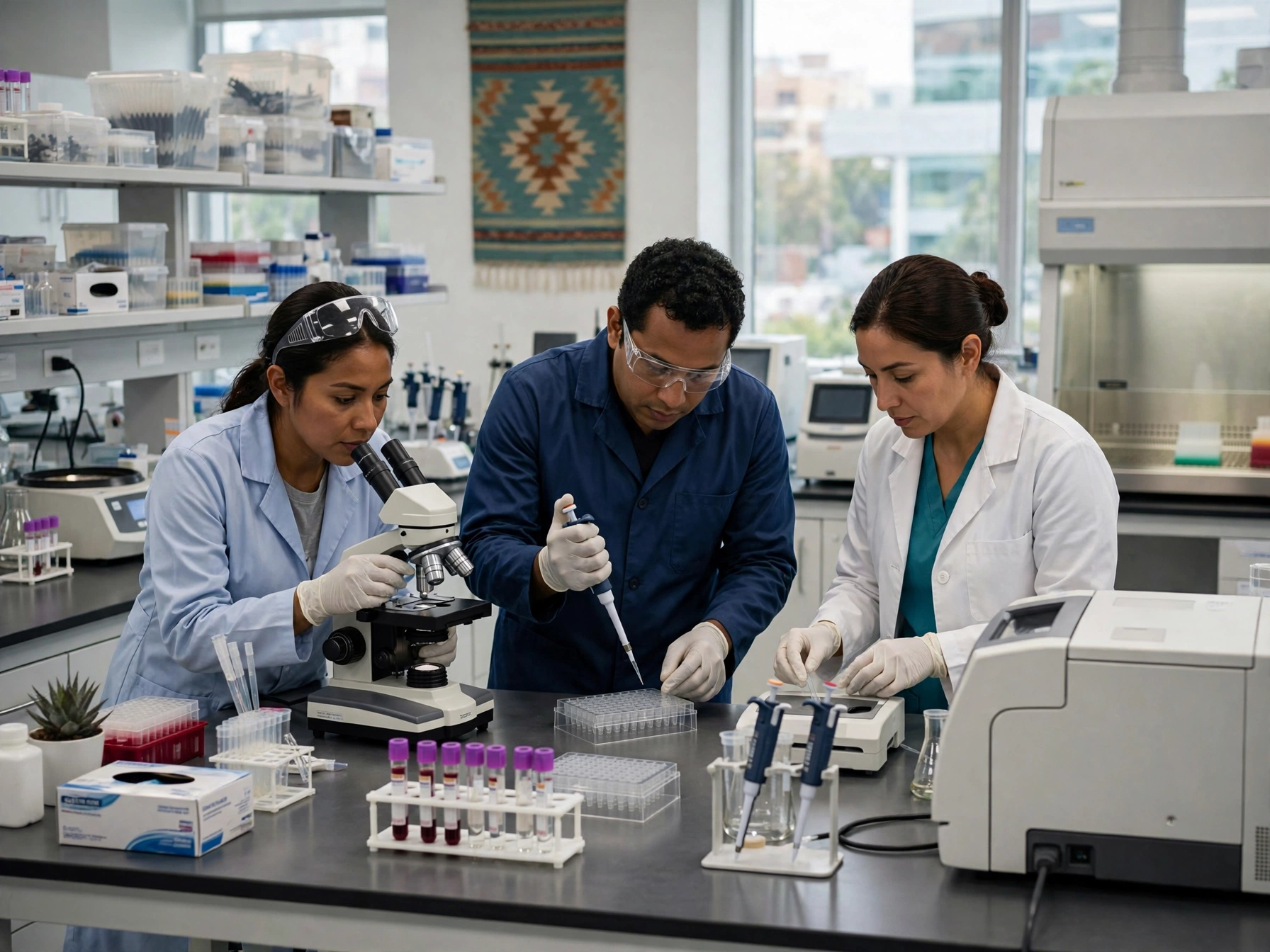Tres técnicos y científicos mexicanos trabajando en laboratorio de diagnóstico del Teletón, una mujer mirando al microscopio, un hombre usando micropipeta y otra revisando equipo analizador, con tubos de ensayo, gradillas y material de laboratorio sobre la mesa