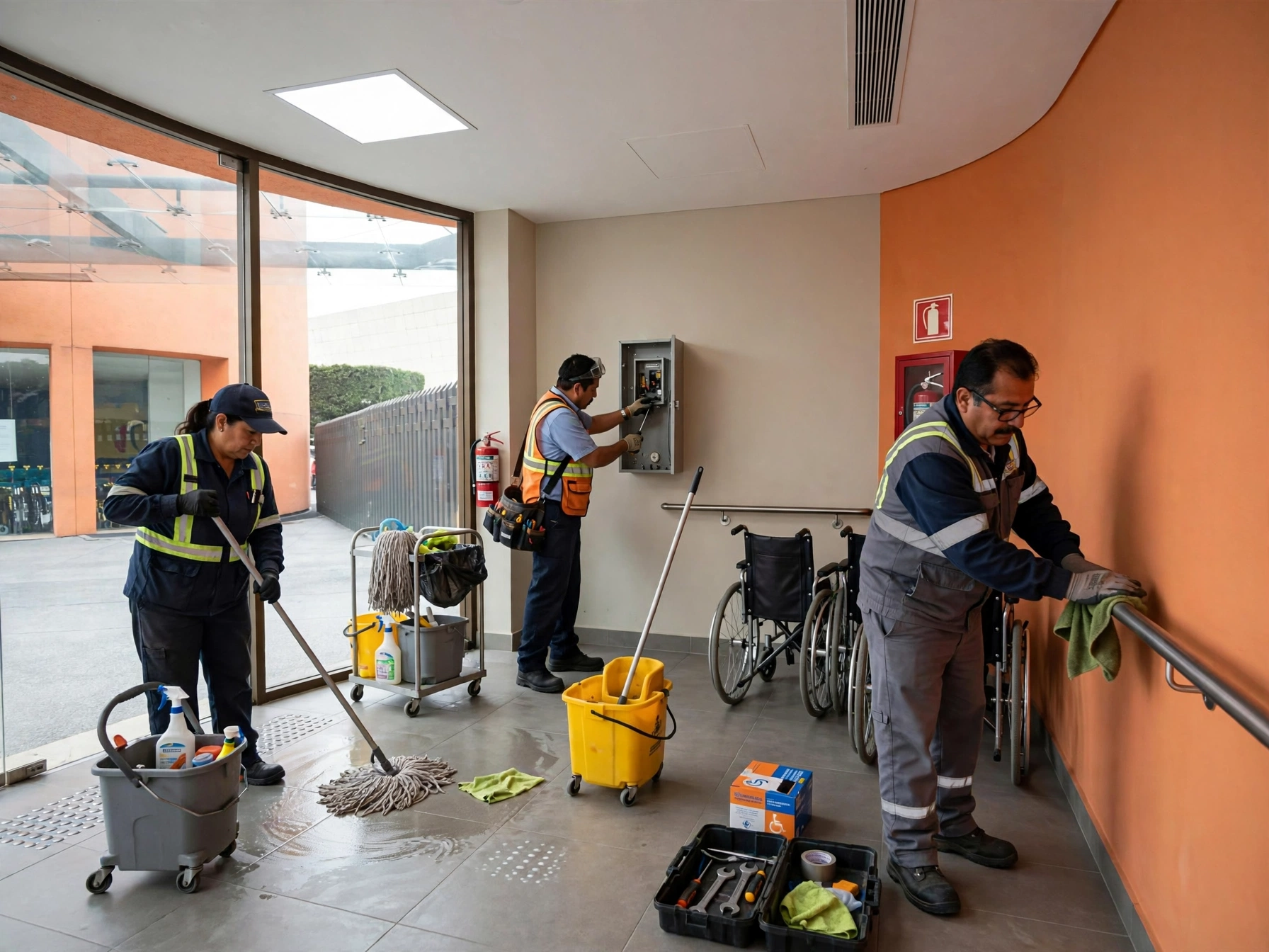 Personal mexicano de limpieza y mantenimiento del Teletón trabajando en pasillo, mujer trapeando piso con carrito de limpieza, técnico revisando tablero eléctrico con herramientas y chaleco de seguridad, hombre limpiando pasamanos, sillas de ruedas al fondo y equipo de seguridad