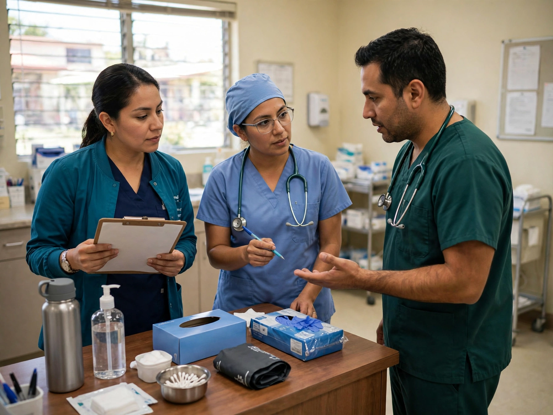Tres profesionales mexicanos de enfermería haciendo relevo de turno en clínica, dos mujeres y un hombre con estetoscopio revisando tablilla y expedientes sobre mesa con insumos