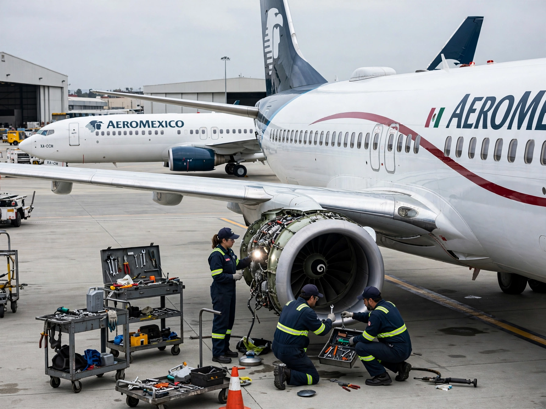 Mantenimiento aeronáutico en Aeroméxico puestos y requisitos, tres técnicos mexicanos en overol azul revisando motor de avión en plataforma