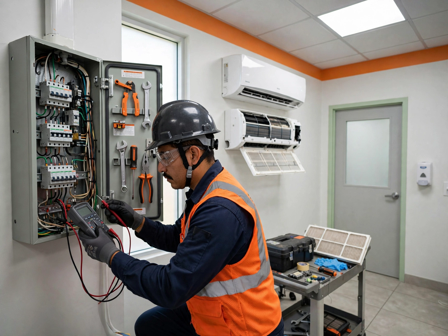 Técnico mexicano con casco y chaleco naranja revisando tablero eléctrico con multímetro, con minisplit desmontado y carrito de herramientas en clínica con franja naranja