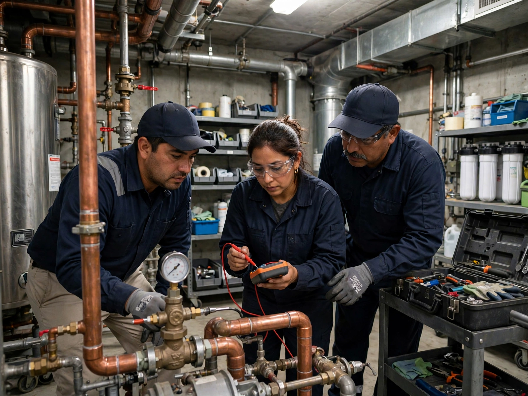Tres técnicos mexicanos de mantenimiento e ingeniería en overoles azul marino y gorras, con lentes de seguridad y guantes, inspeccionando tuberías de cobre y válvulas con manómetro en la sala de calderas de un hotel Marriott, mientras una ingeniera usa un multímetro digital y a un lado hay un carrito con caja de herramientas abierta