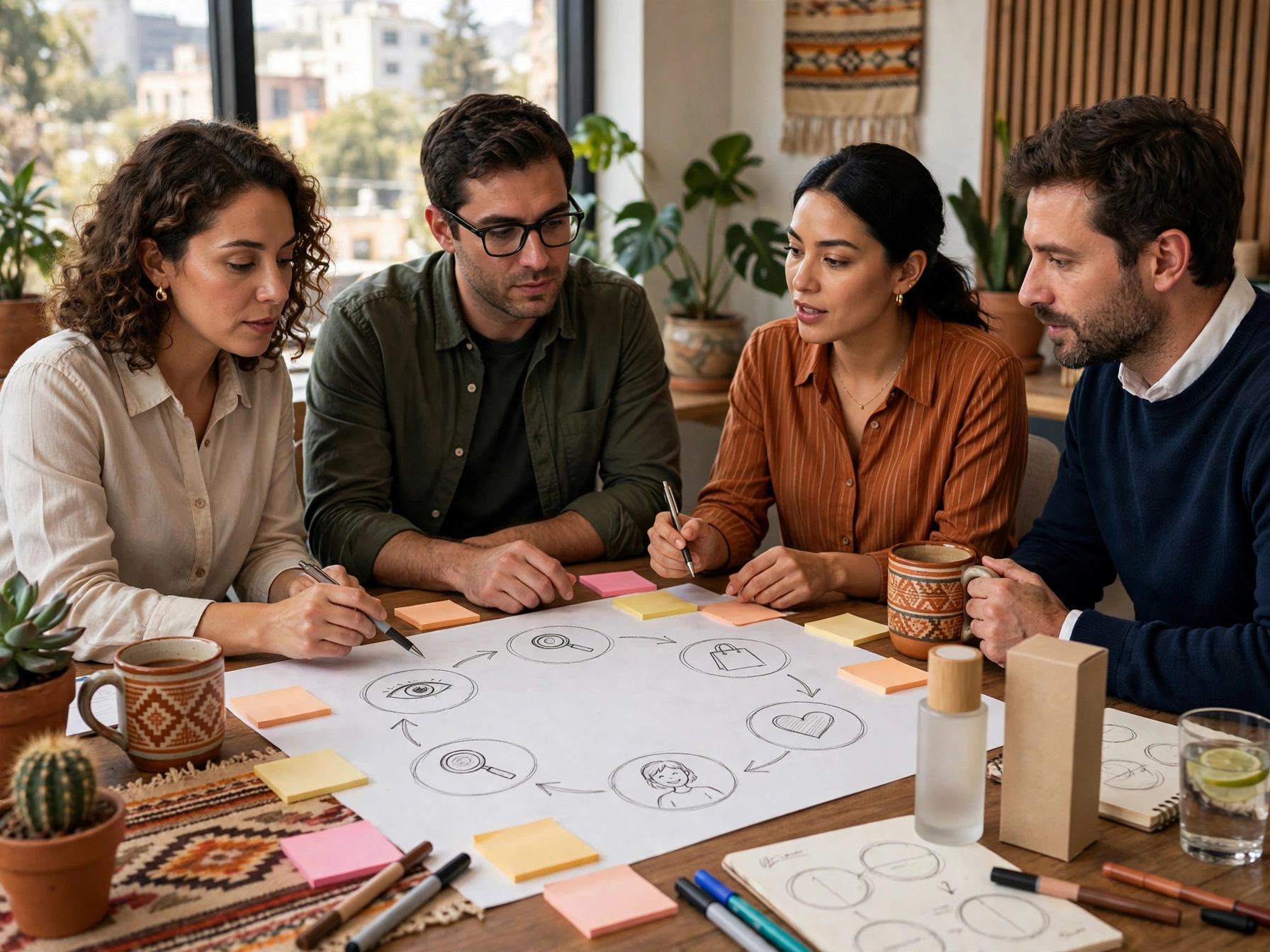 Marketing en Nu México entre marca producto y ciclo de vida del cliente, cuatro profesionales mexicanos mapeando journey de cliente con dibujos de ojo lupa bolsa corazón en mesa con post-its