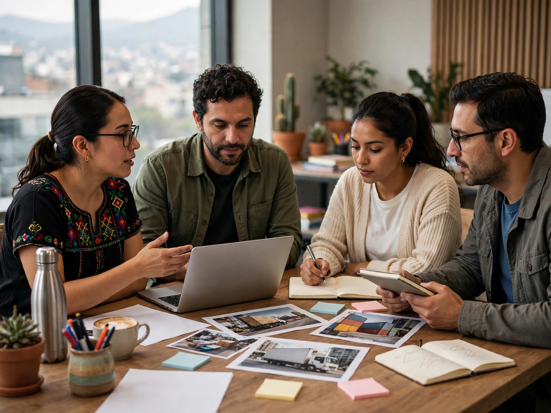 Cuatro profesionales mexicanos del área de marketing y comunicación reunidos en una mesa de trabajo creando campañas para una empresa logística, con laptop, fotos impresas de camiones de reparto y contenedores de carga, libretas con bocetos, notas adhesivas de colores y tazas de café