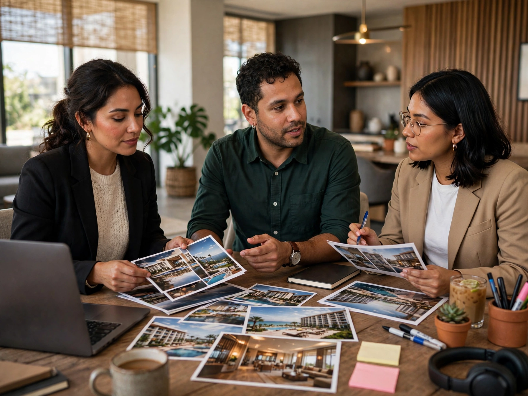 Tres profesionales mexicanos del área de marketing y comunicación en una mesa de madera de un hotel Marriott revisando un portafolio impreso con fotografías de albercas, habitaciones y salones del hotel, junto a una laptop, notas adhesivas, marcadores y bebidas, colaborando en campañas y vacantes