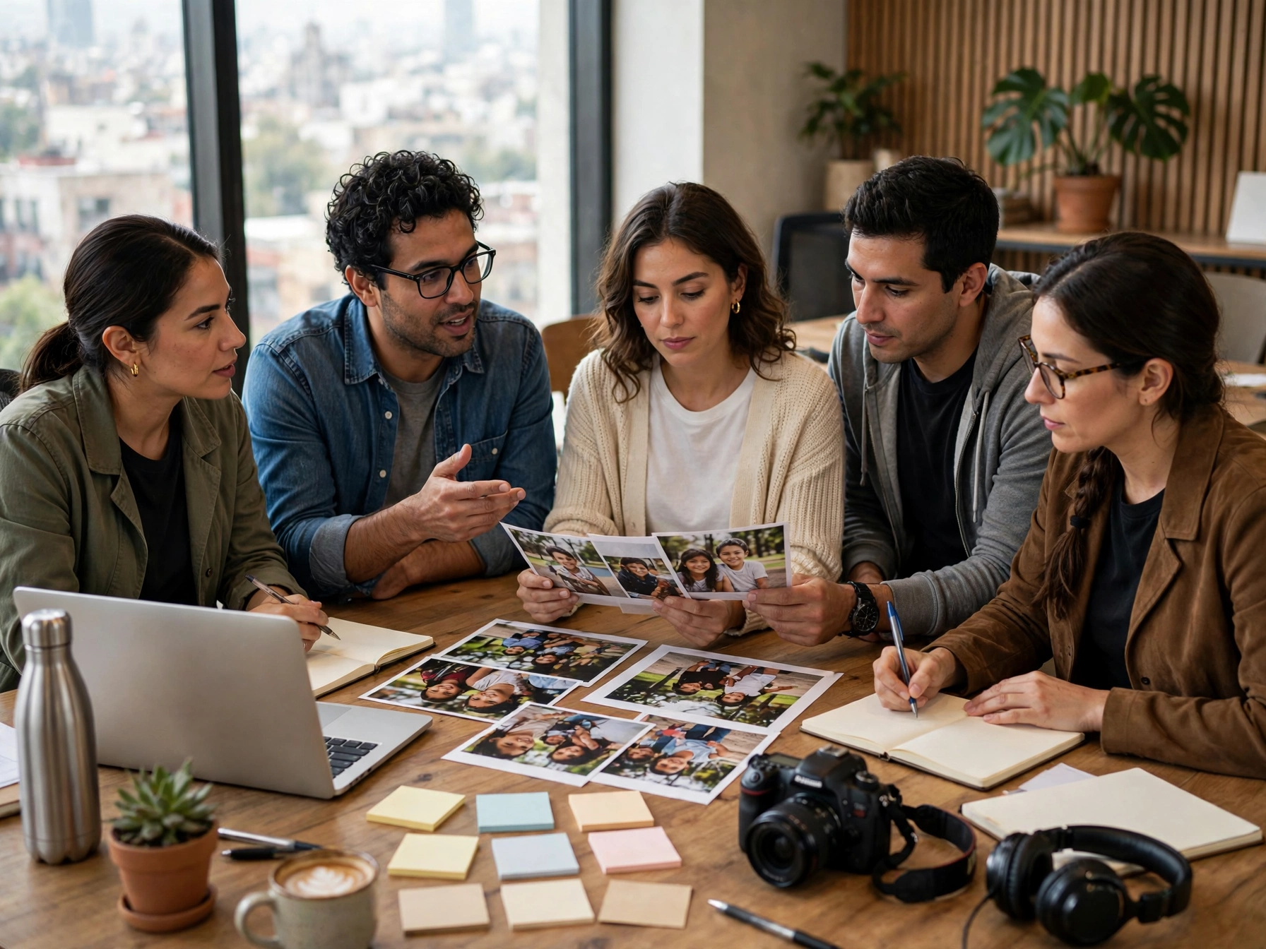 Equipo mexicano de marketing y comunicación del Teletón revisando campaña, cinco personas alrededor de mesa con fotografías impresas de niños y familias, laptop, cámara profesional, audífonos, notas adhesivas y libretas