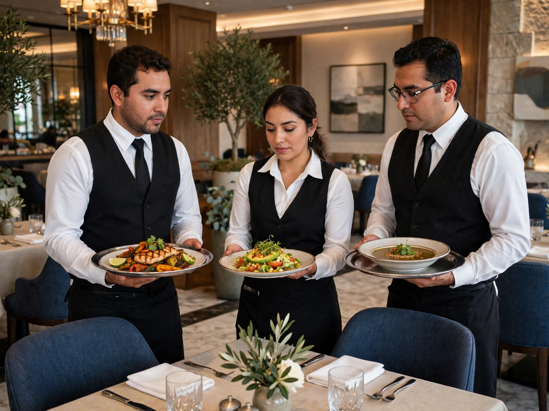 Tres meseros mexicanos con uniforme formal de chaleco negro y camisa blanca sirviendo platillos gourmet en bandejas plateadas, pescado a la parrilla con verduras, ensalada con aguacate y sopa tradicional, en el comedor elegante de un restaurante de hotel Marriott con mesas montadas y decoración con plantas