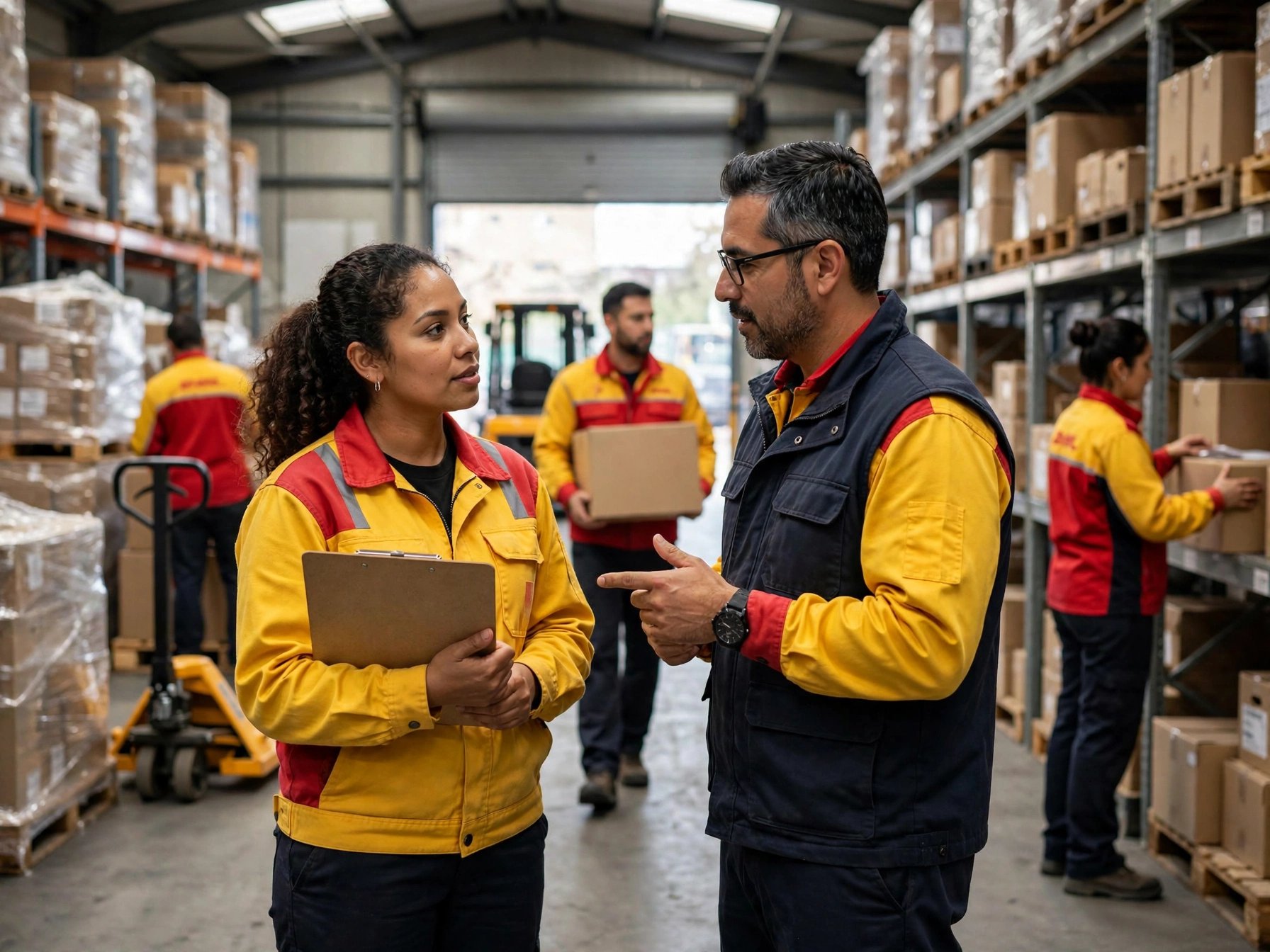 Supervisor mexicano con chaleco azul y camisa amarilla dando indicaciones a auxiliar mujer con tabla en almacén, equipo cargando cajas y patín hidráulico al fondo
