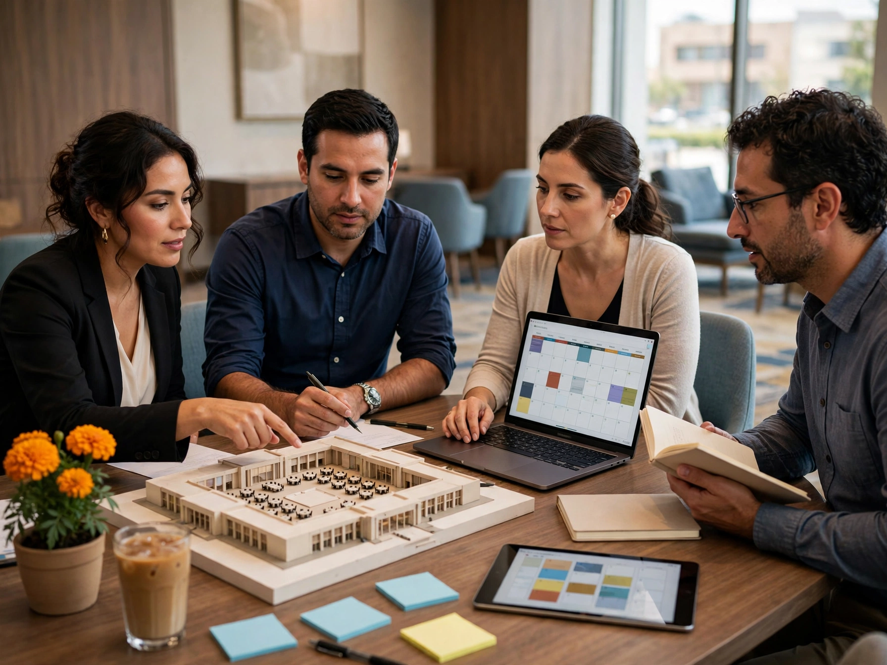 Equipo mexicano de cuatro personas de ventas y planeación de eventos reunidos alrededor de una mesa de madera en una sala luminosa de hotel Marriott, analizando una maqueta de salón de eventos con mesas redondas, una laptop con calendario de colores, una tablet con paletas de colores y notas adhesivas, coordinando la logística de una boda o conferencia